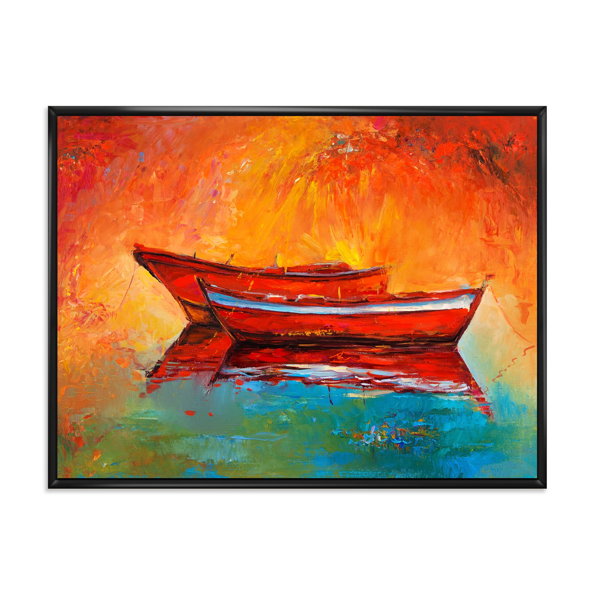 Designart 'Two Red Boats During Sunset In Lake' Nautical & Coastal Framed Canvas Wall Art Print