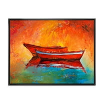 Designart 'Two Red Boats During Sunset In Lake' Nautical & Coastal Framed Canvas Wall Art Print