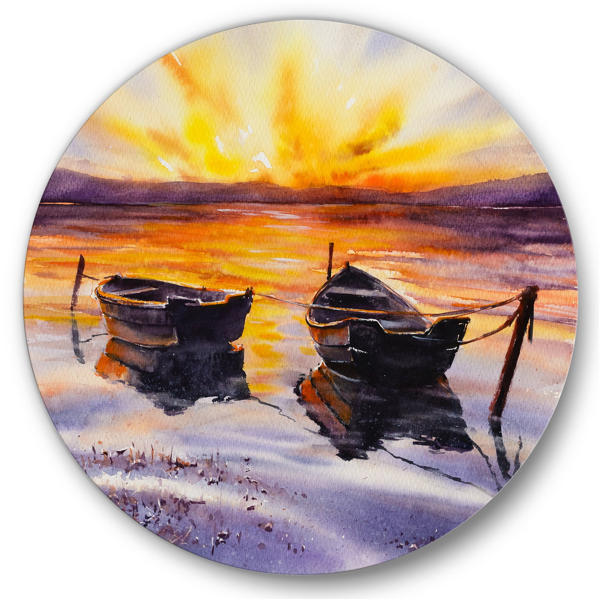 Designart 'Two Small Boats Parking On The Shore and Sunset' Lake House Circle Metal Wall Art 29x29 - Disc of 29