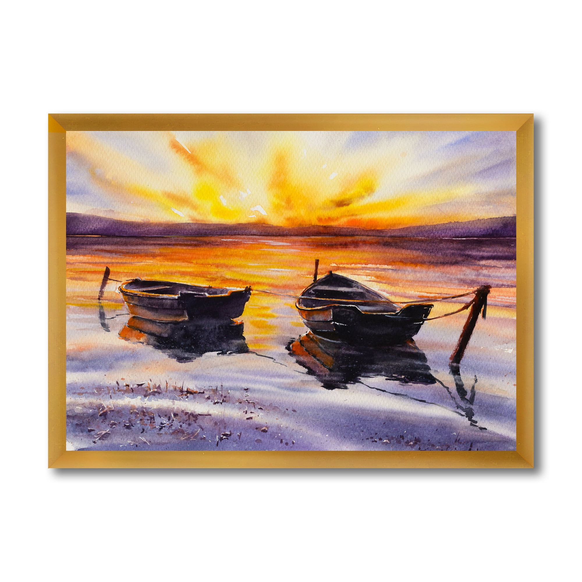 Designart 'Two Small Boats Parking On The Shore and Sunset' Lake House Framed Art Print
