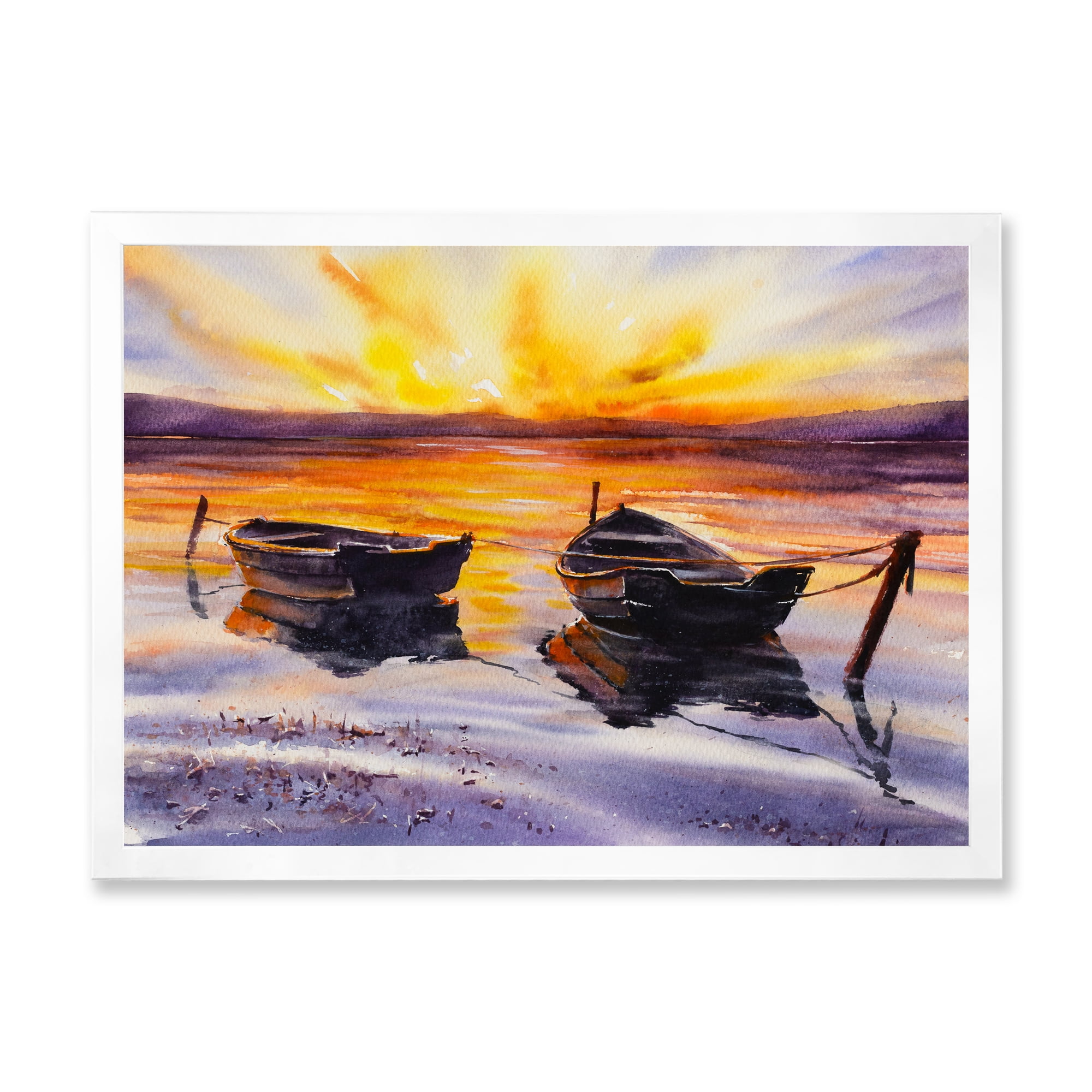 Designart 'Two Small Boats Parking On The Shore and Sunset' Lake House Framed Art Print