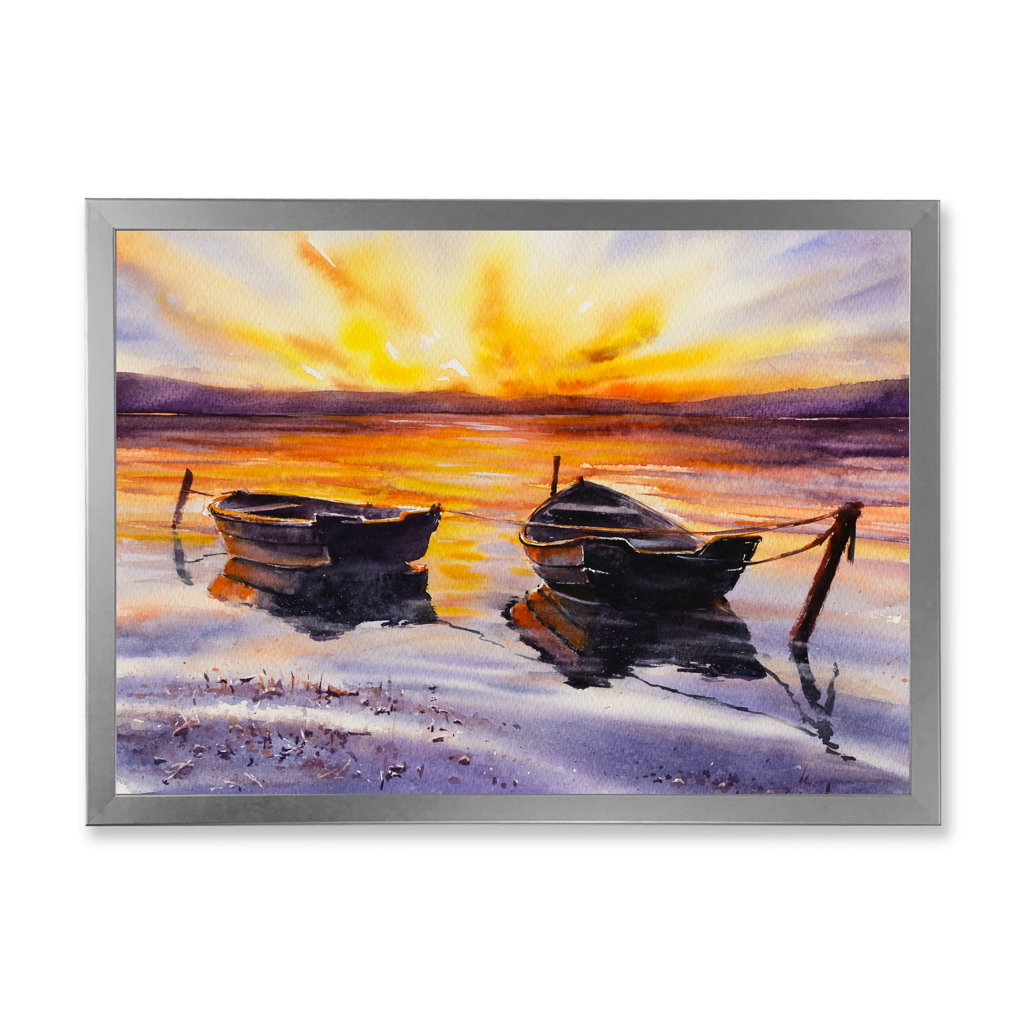 Designart 'Two Small Boats Parking On The Shore and Sunset' Lake House Framed Art Print