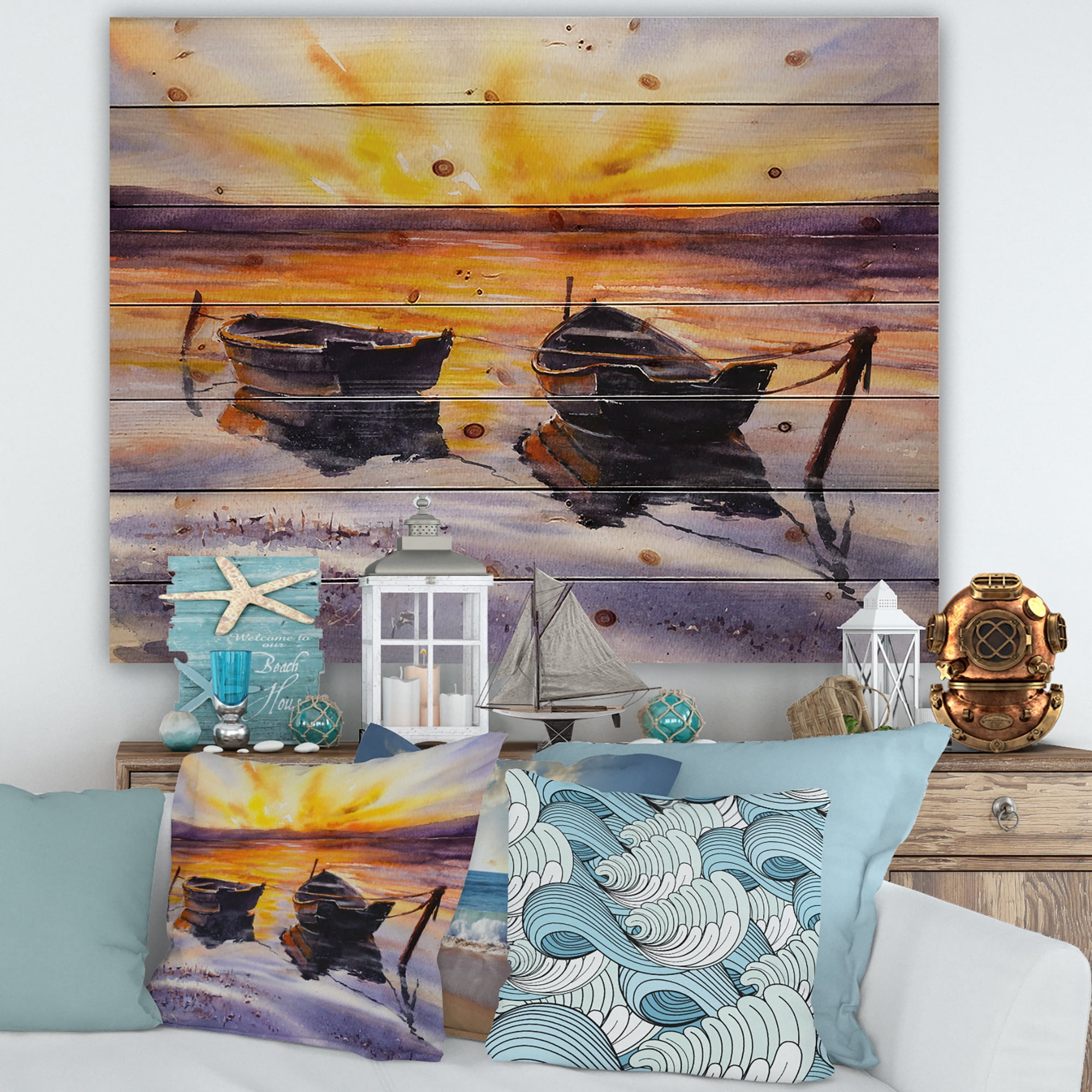 Designart 'Two Small Boats Parking On The Shore and Sunset' Lake House Print on Natural Pine Wood