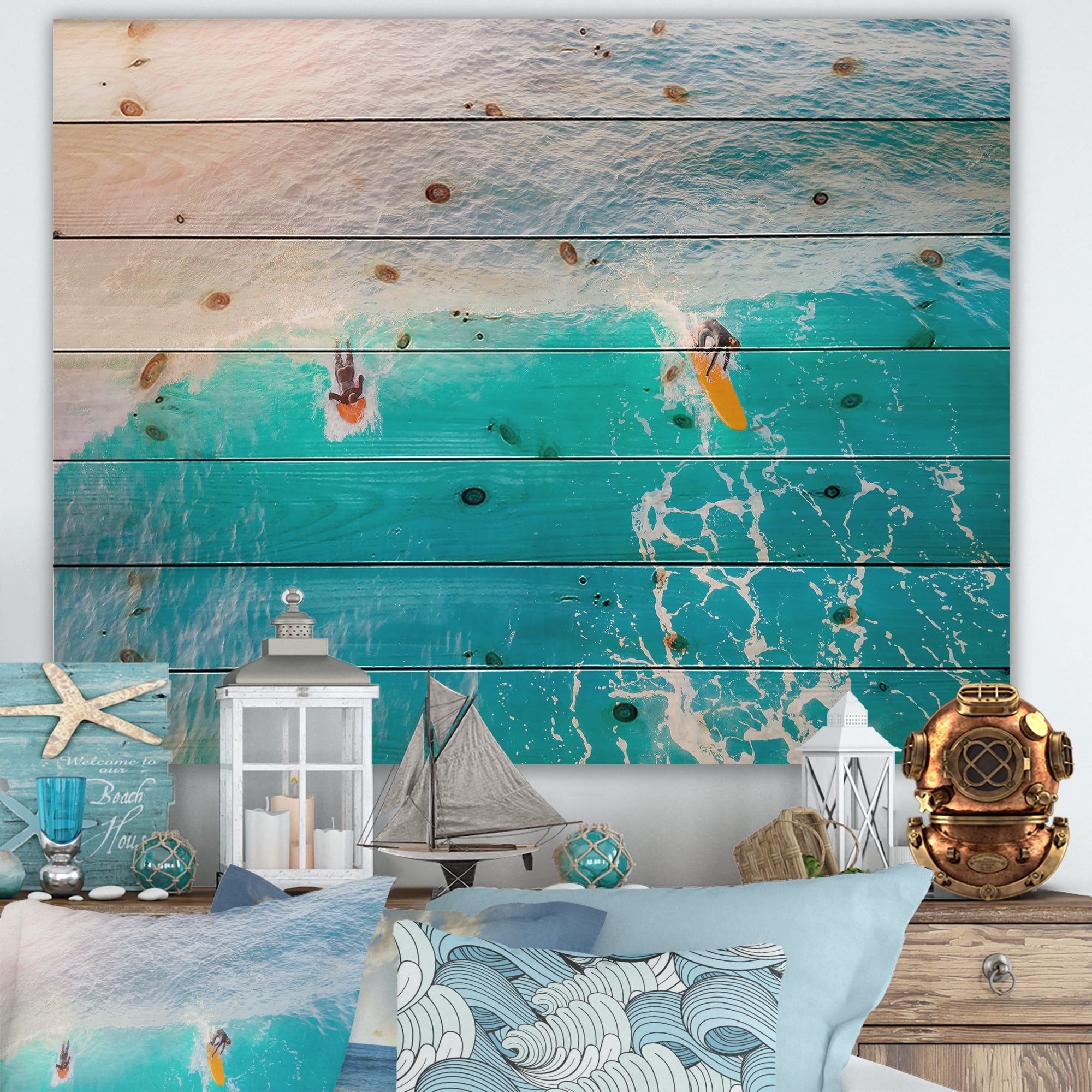 Designart 'Two Surfers on A Bright Sunny Ocean Wave' Traditional Print on Natural Pine Wood