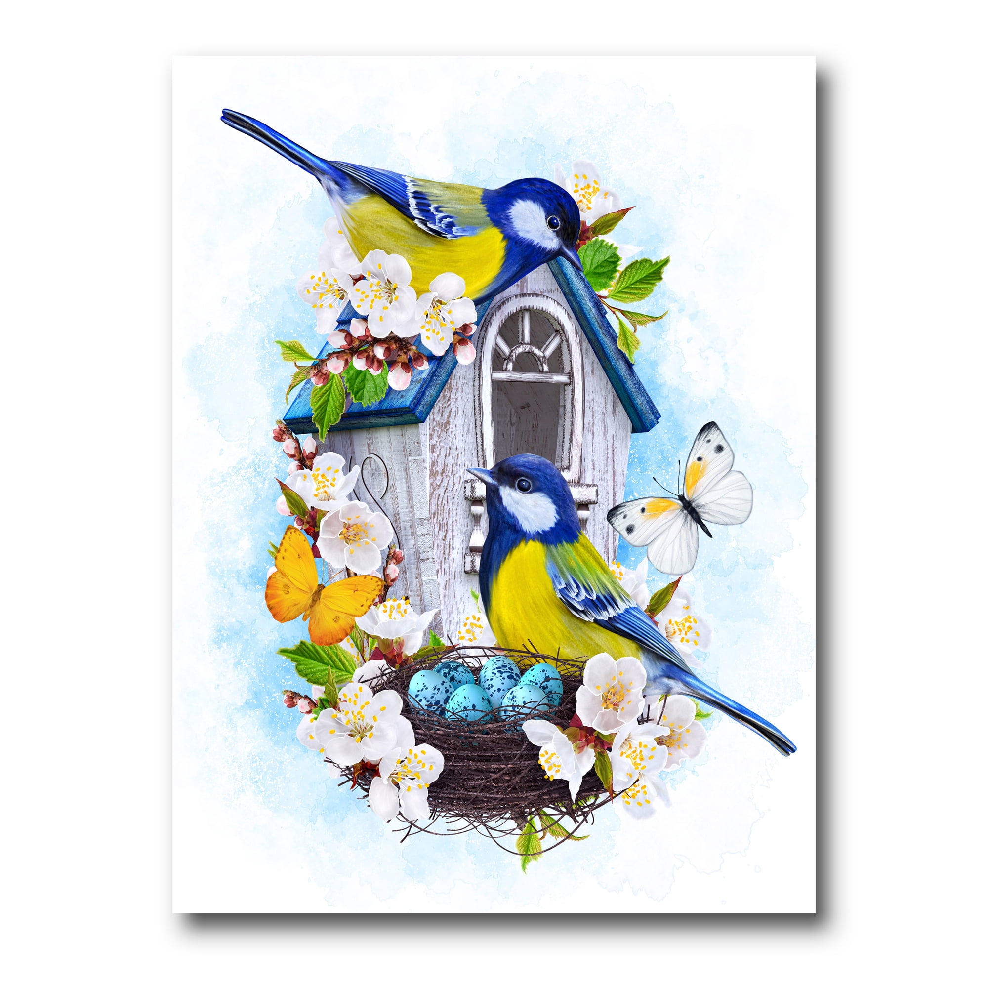 Designart ' Two Tit Birds Sitting Near The Nest With Eggs and White Flowers I ' Traditional Canvas Wall Art Print