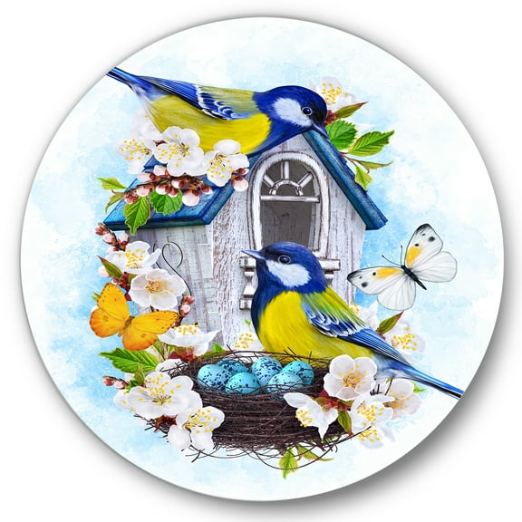Designart 'Two Tit Birds Sitting Near The Nest With Eggs and White Flowers I' Traditional Circle Metal Wall Art 36x36 - Disc of 36