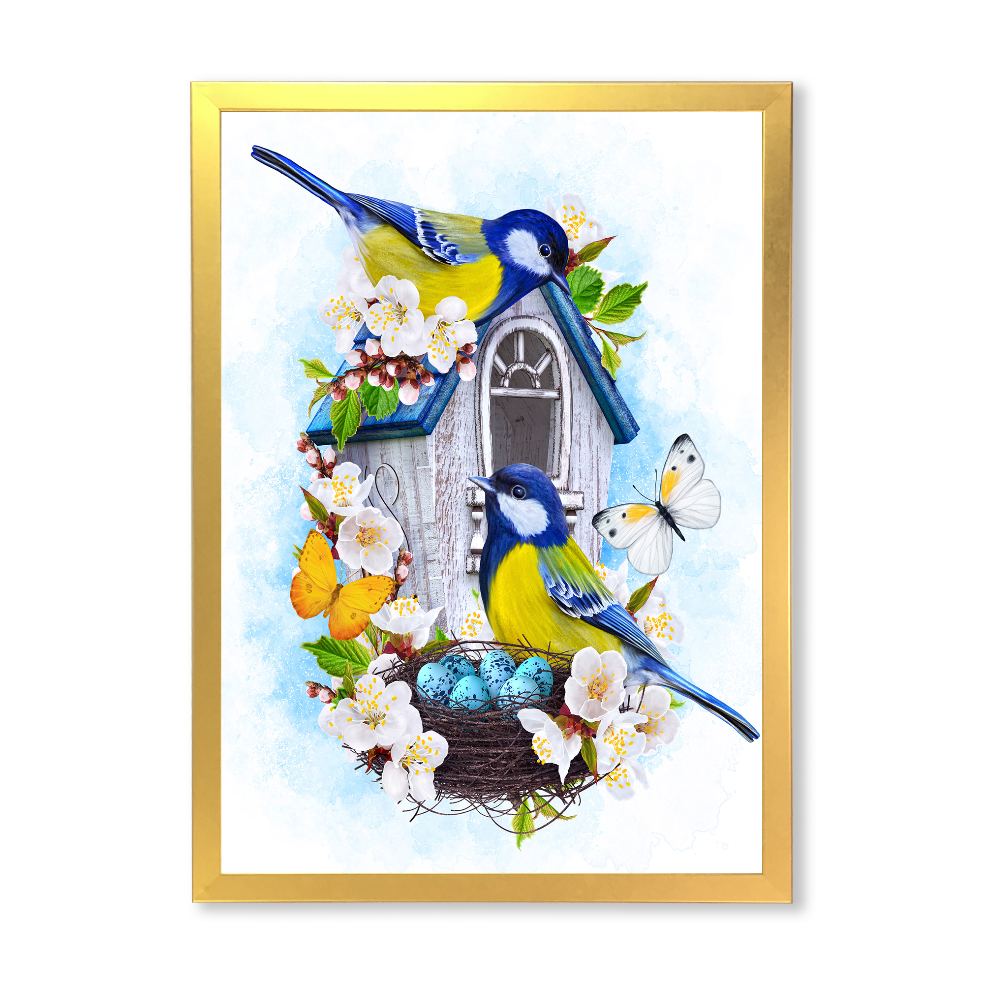 Designart 'Two Tit Birds Sitting Near The Nest With Eggs and White Flowers I' Traditional Framed Art Print