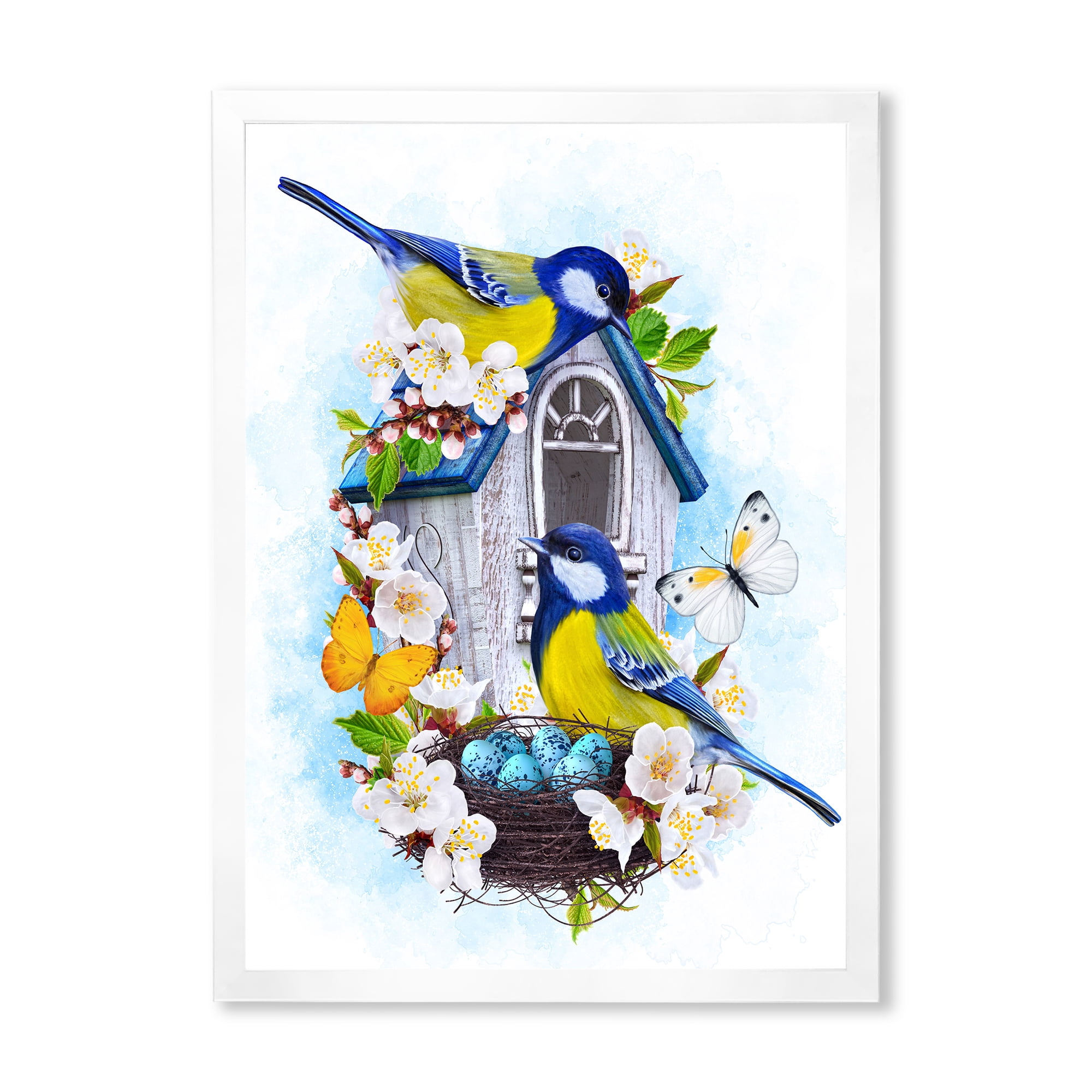 Designart 'Two Tit Birds Sitting Near The Nest With Eggs and White Flowers I' Traditional Framed Art Print