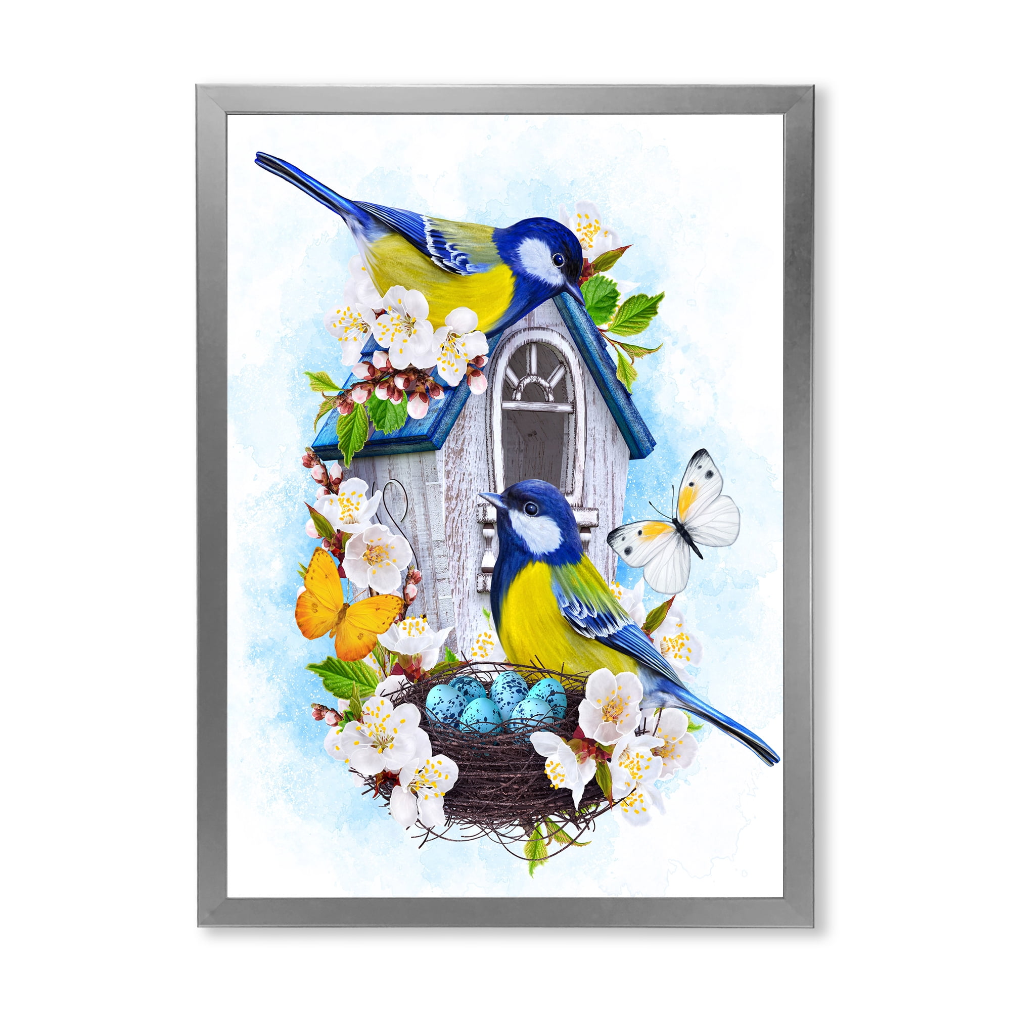 Designart 'Two Tit Birds Sitting Near The Nest With Eggs and White Flowers I' Traditional Framed Art Print