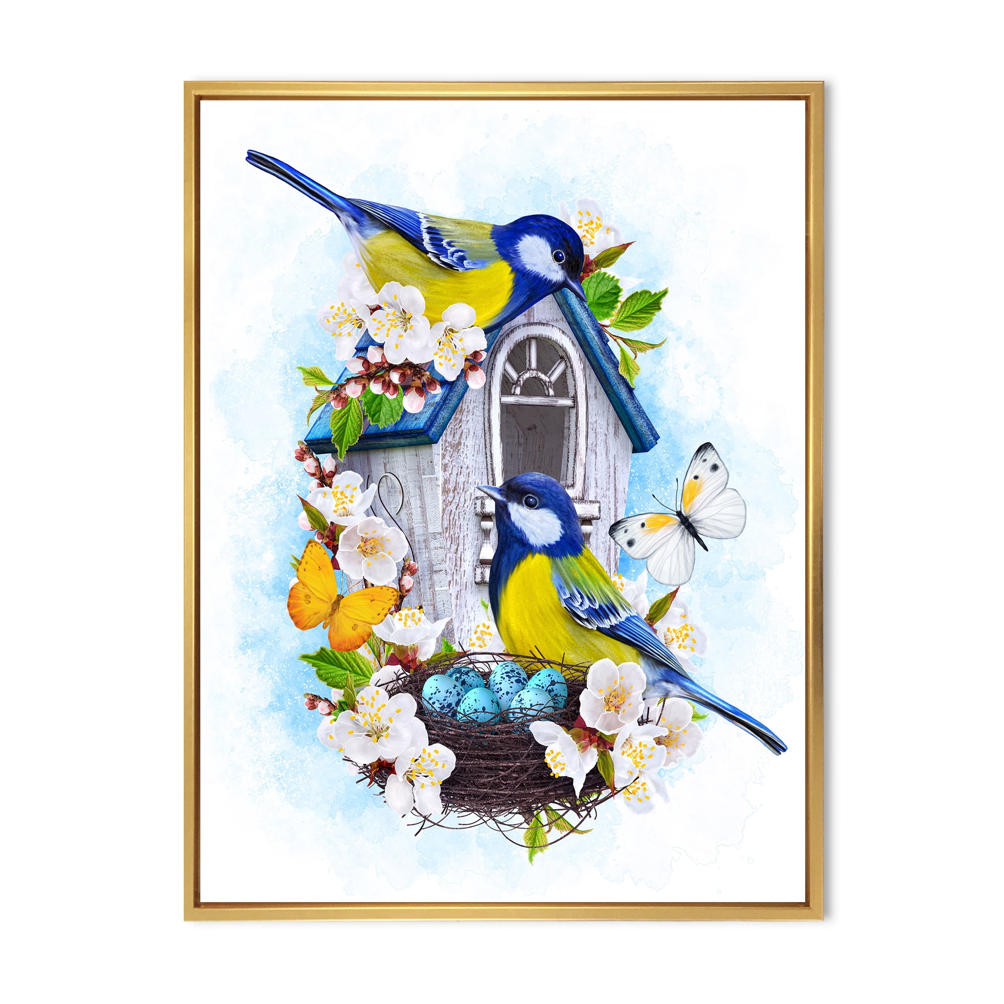 Designart 'Two Tit Birds Sitting Near The Nest With Eggs and White Flowers I' Traditional Framed Canvas Wall Art Print