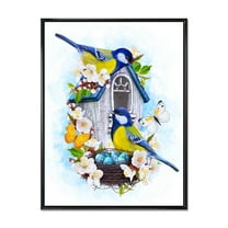 Designart 'Two Tit Birds Sitting Near The Nest With Eggs and White Flowers I' Traditional Framed Canvas Wall Art Print