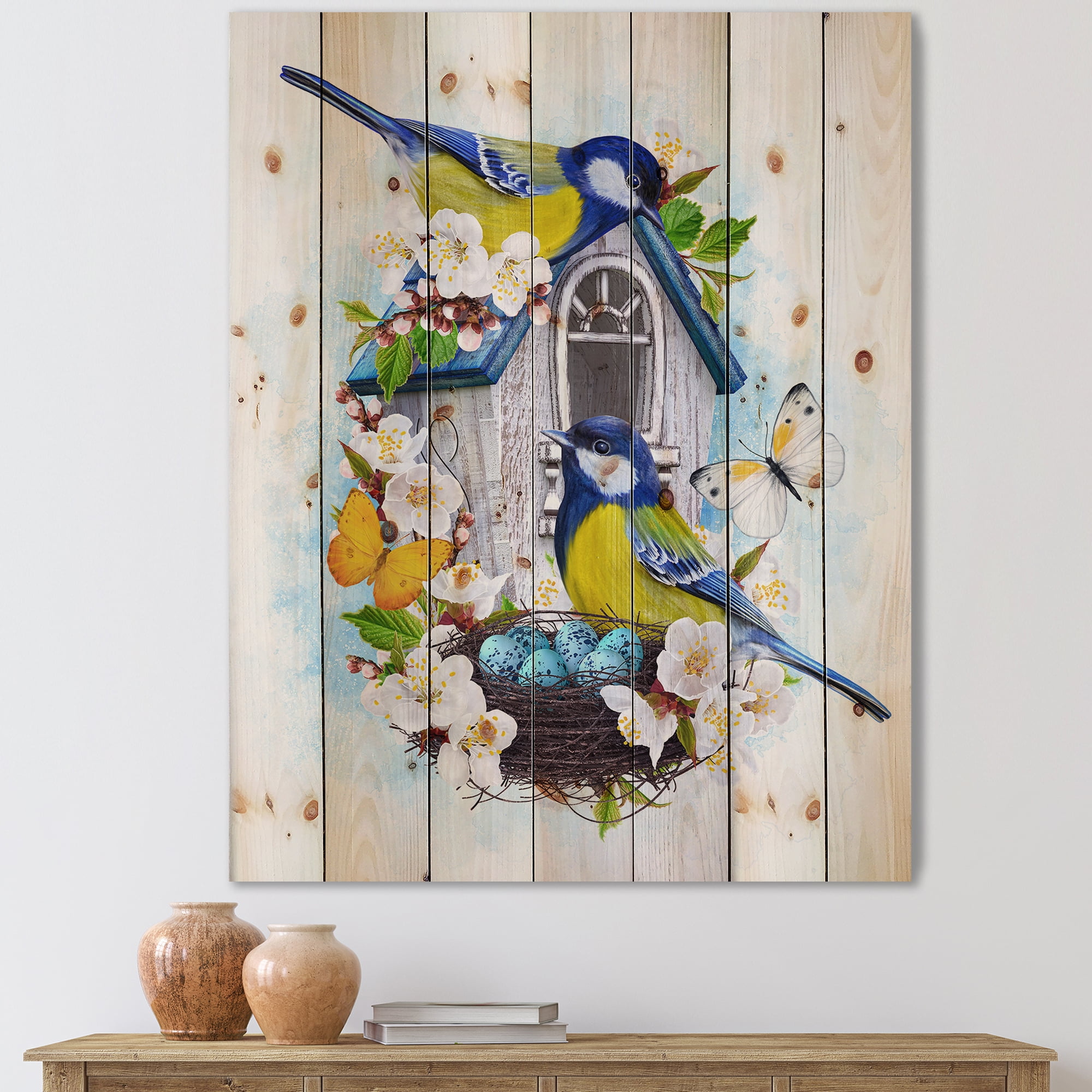 Designart 'Two Tit Birds Sitting Near The Nest With Eggs and White Flowers I' Traditional Print on Natural Pine Wood