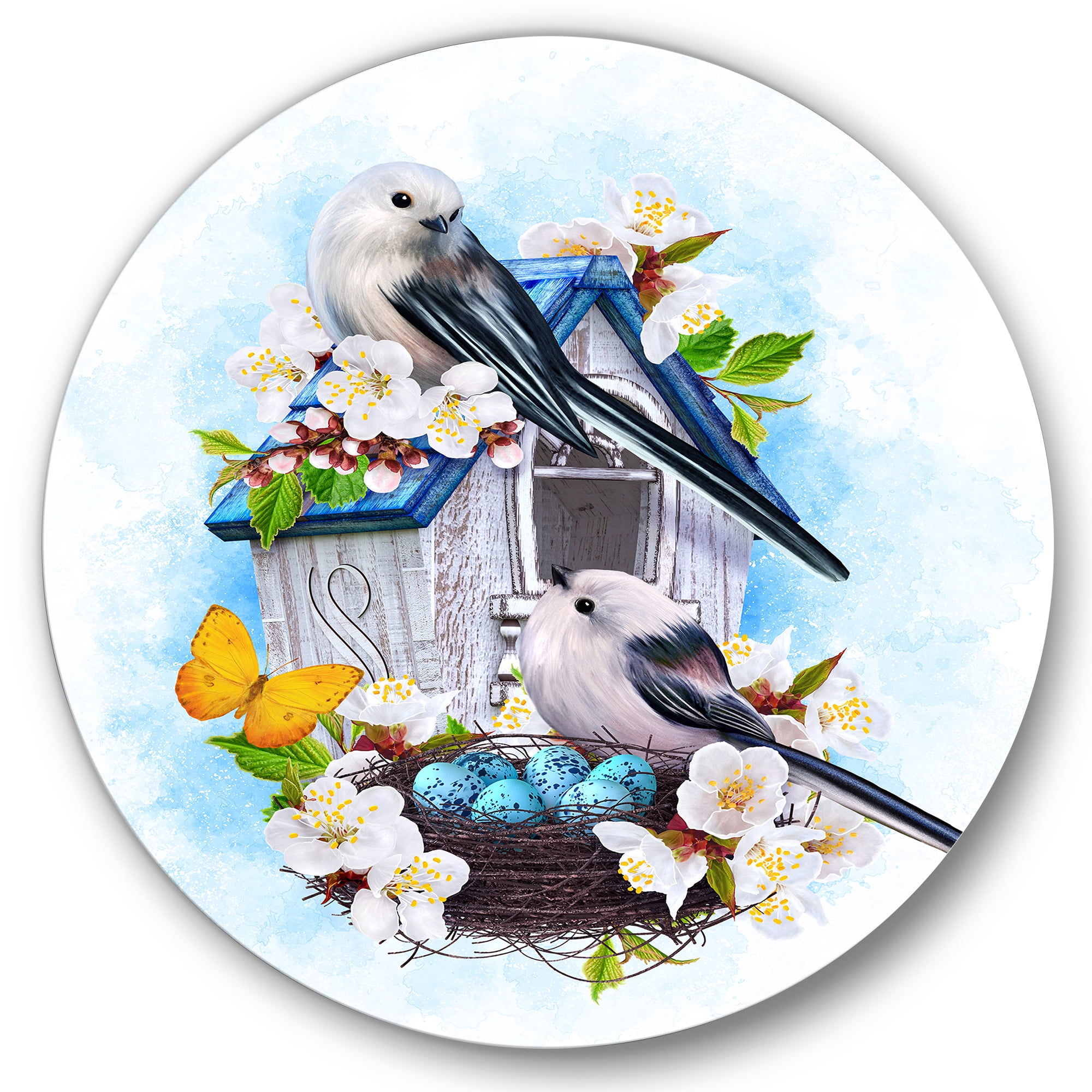 Designart 'Two Tit Birds Sitting Near The Nest With Eggs and White Flowers II' Traditional Circle Metal Wall Art 23x23 - Disc of 23