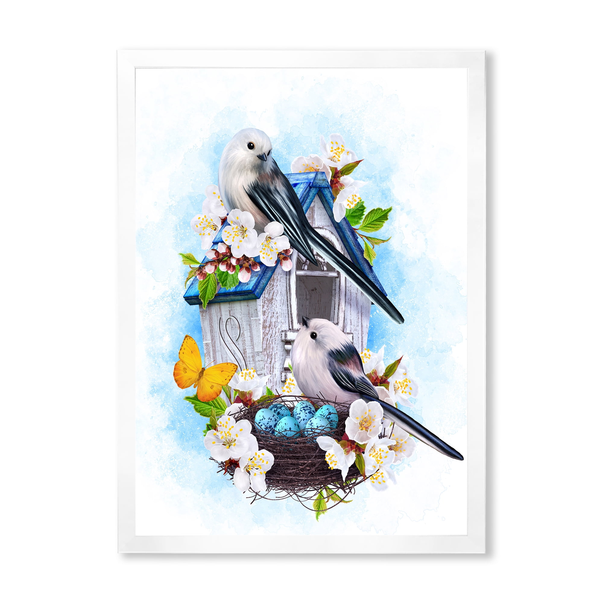 Designart 'Two Tit Birds Sitting Near The Nest With Eggs and White Flowers II' Traditional Framed Art Print