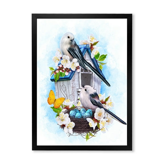 Designart 'Two Tit Birds Sitting Near The Nest With Eggs and White Flowers II' Traditional Framed Art Print