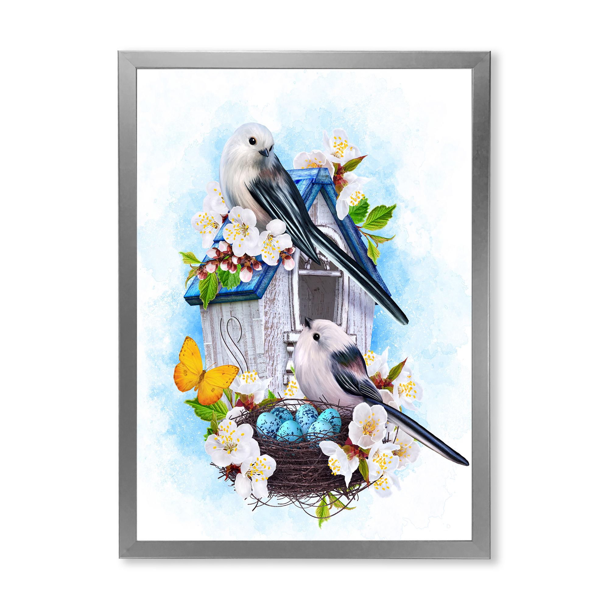 Designart 'Two Tit Birds Sitting Near The Nest With Eggs and White Flowers II' Traditional Framed Art Print