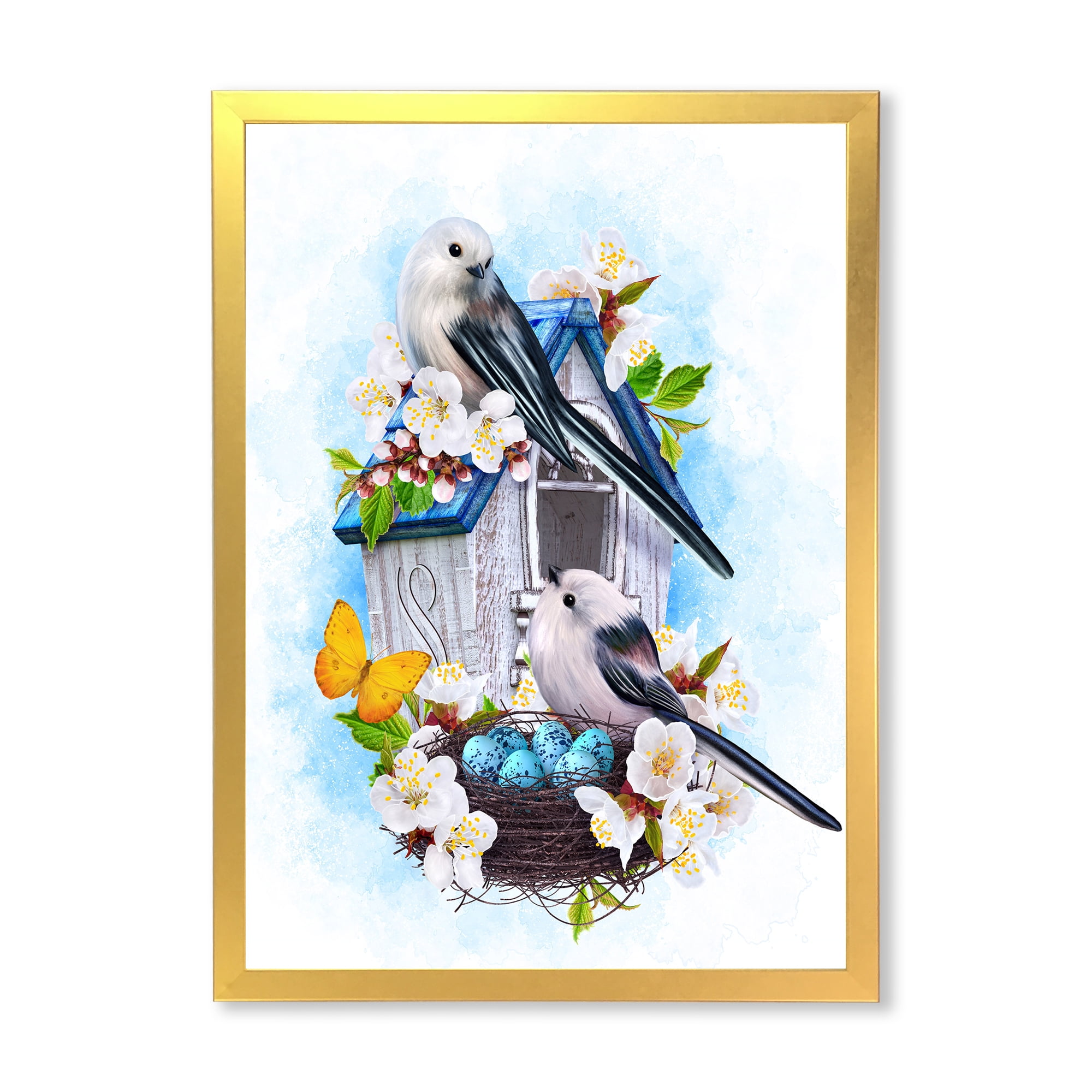 Designart 'Two Tit Birds Sitting Near The Nest With Eggs and White Flowers II' Traditional Framed Art Print