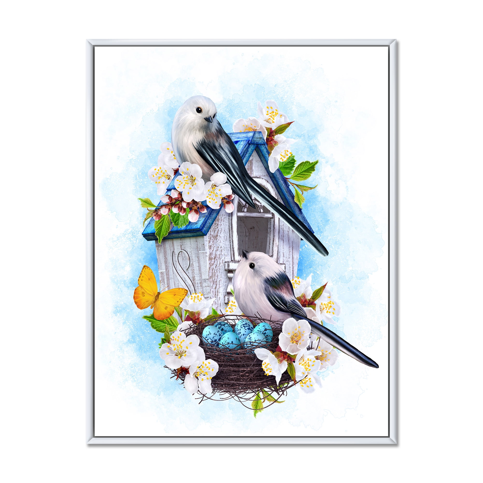 Designart 'Two Tit Birds Sitting Near The Nest With Eggs and White Flowers II' Traditional Framed Canvas Wall Art Print