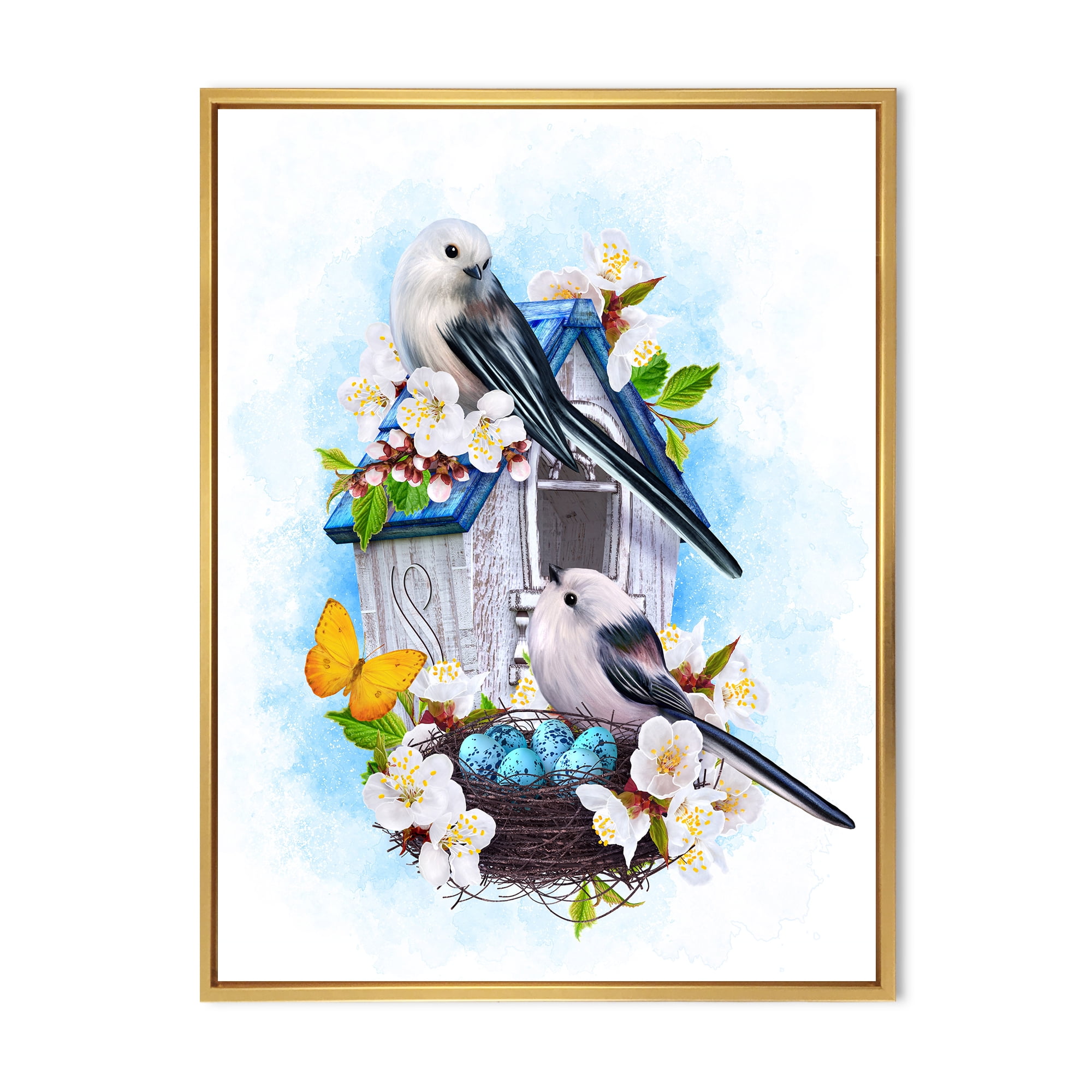 Designart 'Two Tit Birds Sitting Near The Nest With Eggs and White Flowers II' Traditional Framed Canvas Wall Art Print