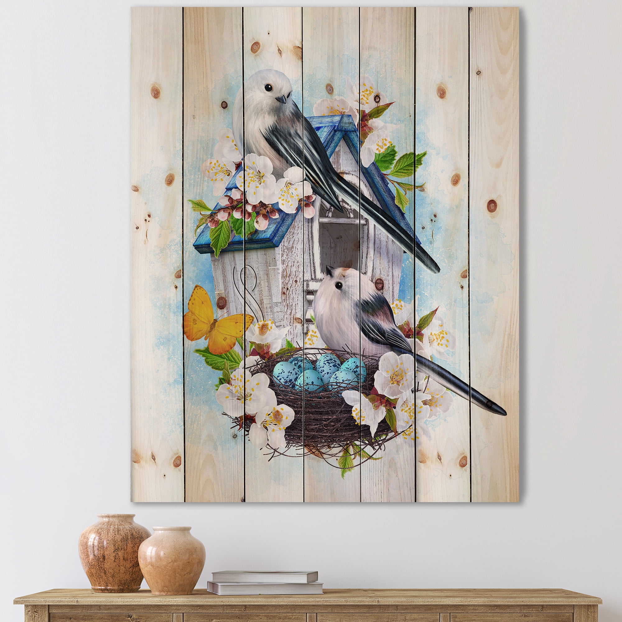 Designart 'Two Tit Birds Sitting Near The Nest With Eggs and White Flowers II' Traditional Print on Natural Pine Wood