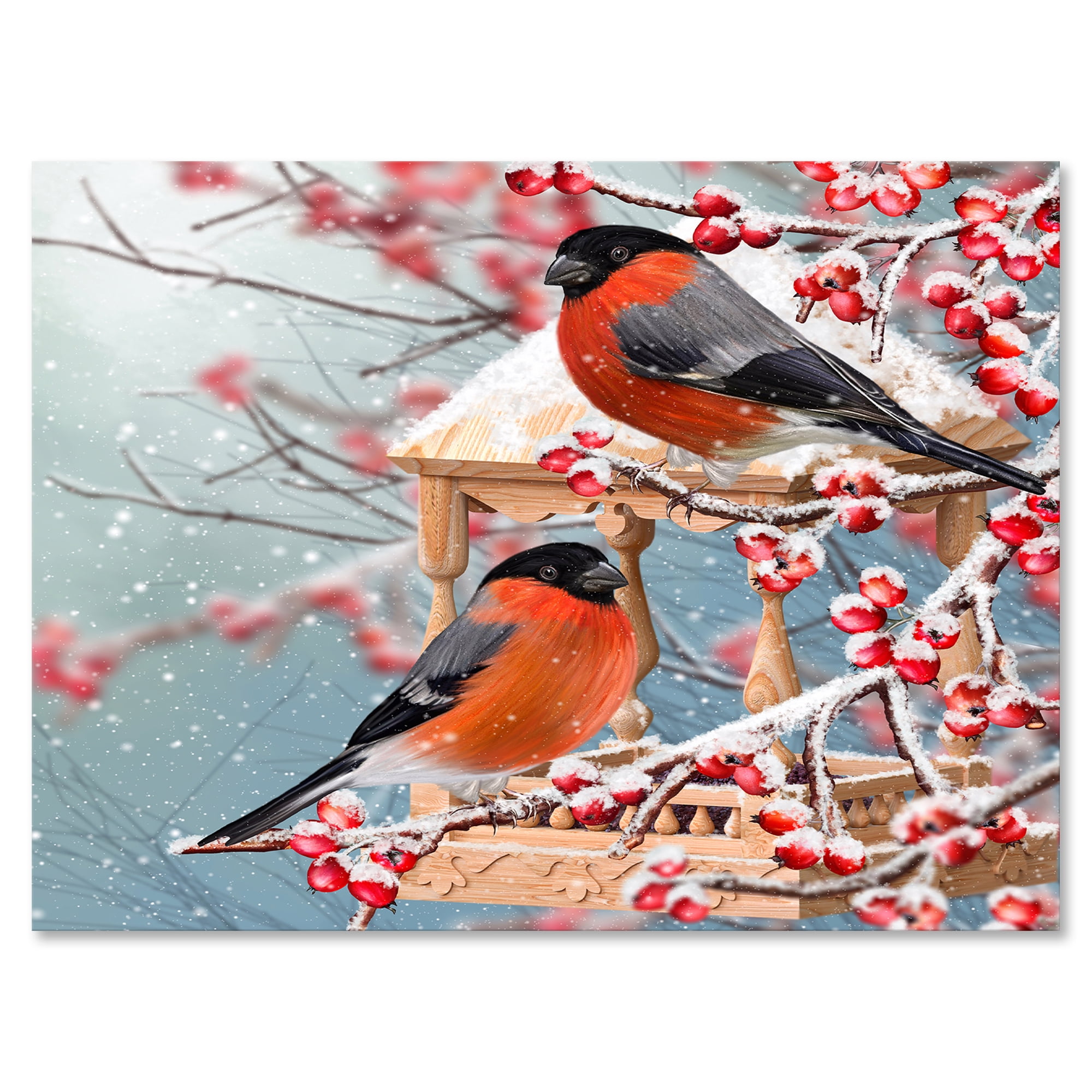 Designart ' Two Tits Sit On A Snow-Covered Berries Branch ' Traditional Canvas Wall Art Print