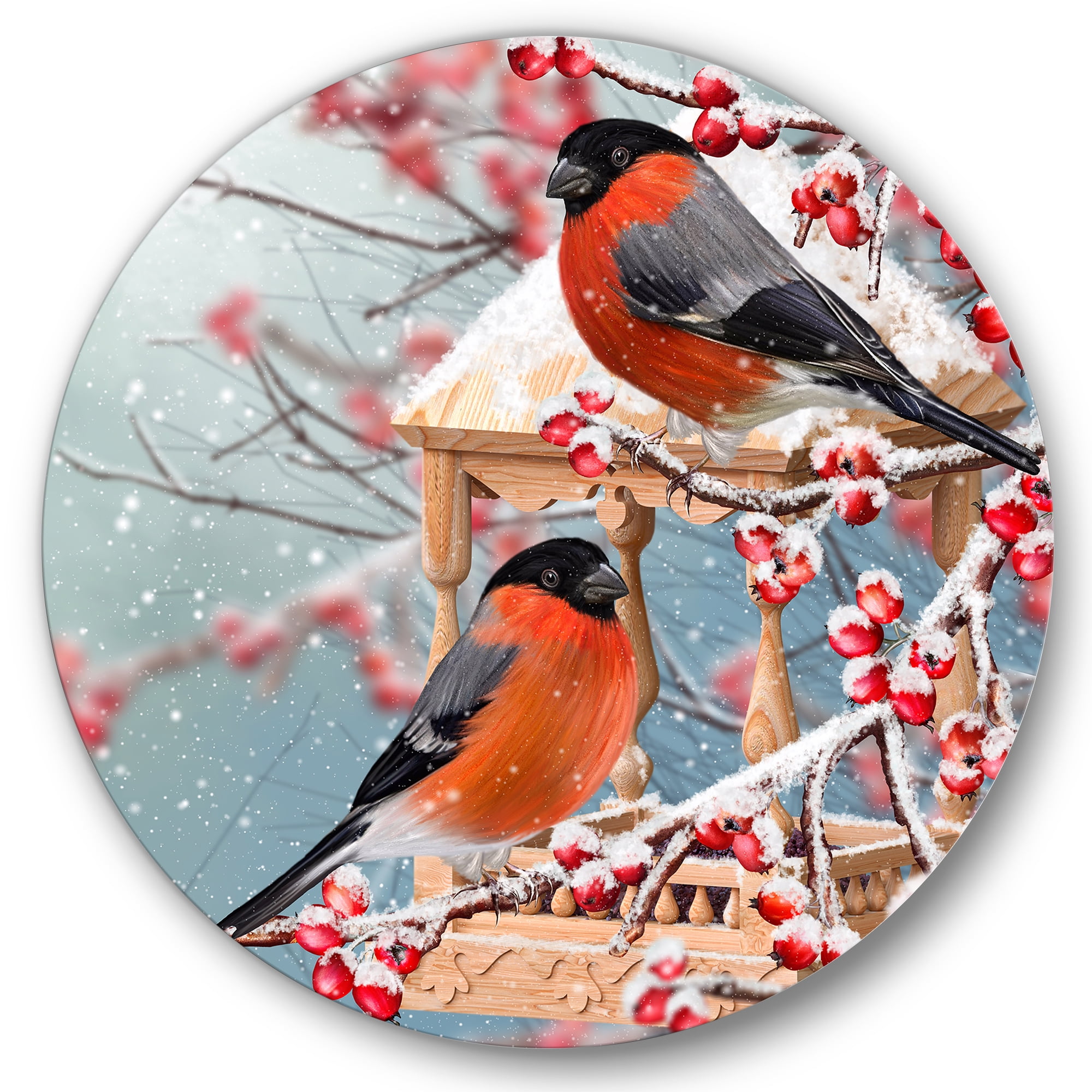 Designart 'Two Tits Sit On A Snow-Covered Berries Branch ' Traditional Circle Metal Wall Art 29x29 - Disc of 29
