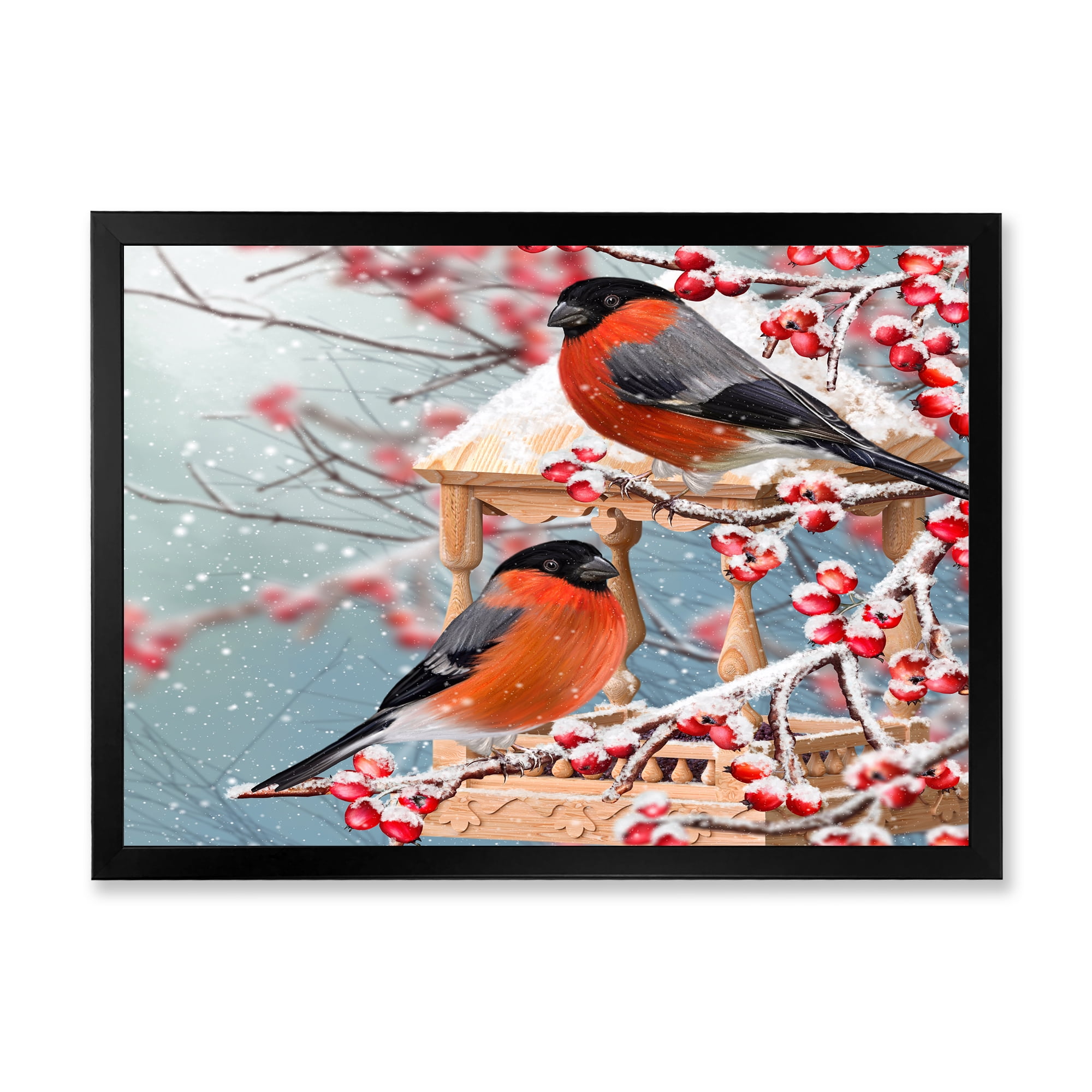 Designart 'Two Tits Sit On A Snow-Covered Berries Branch ' Traditional Framed Art Print
