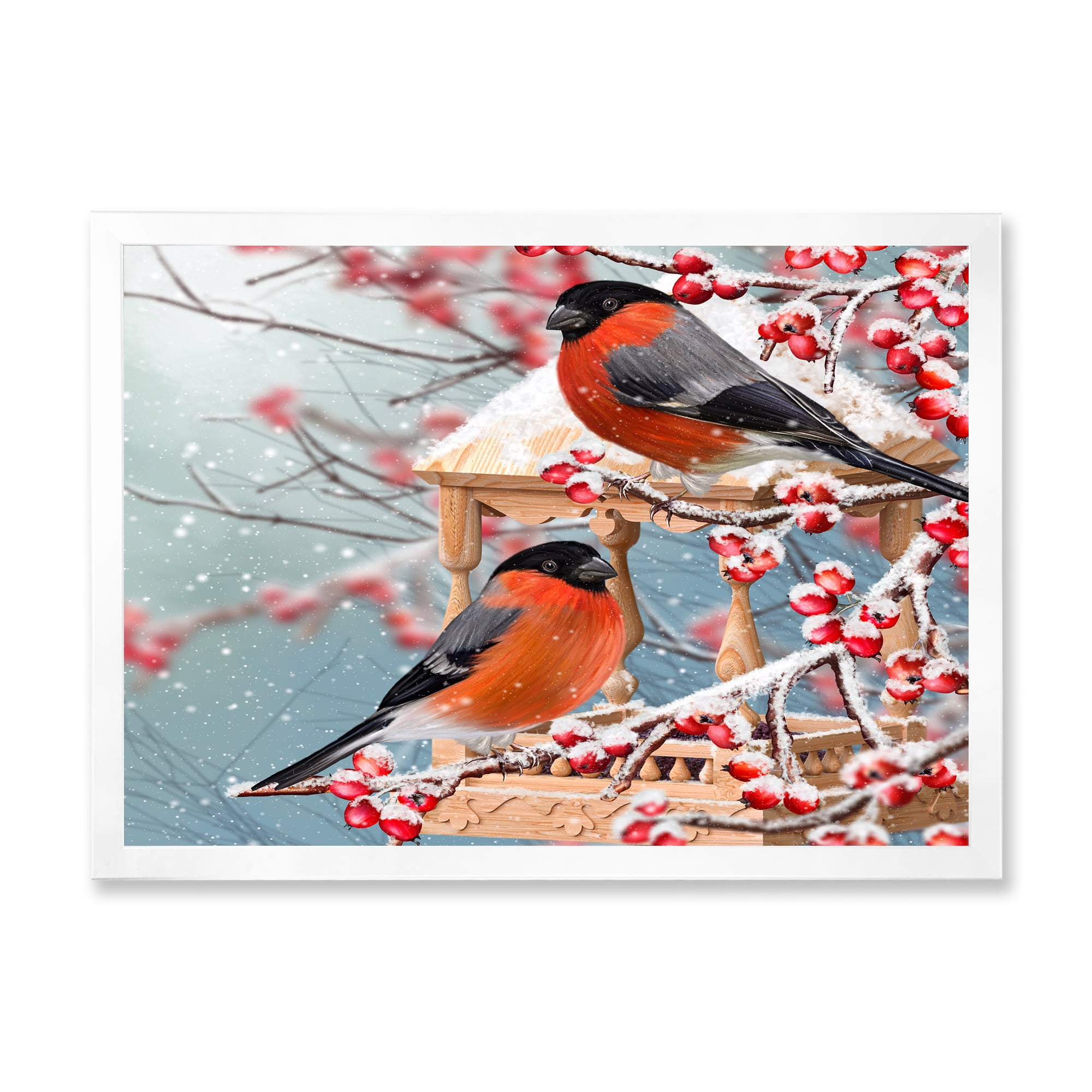 Designart 'Two Tits Sit On A Snow-Covered Berries Branch ' Traditional Framed Art Print
