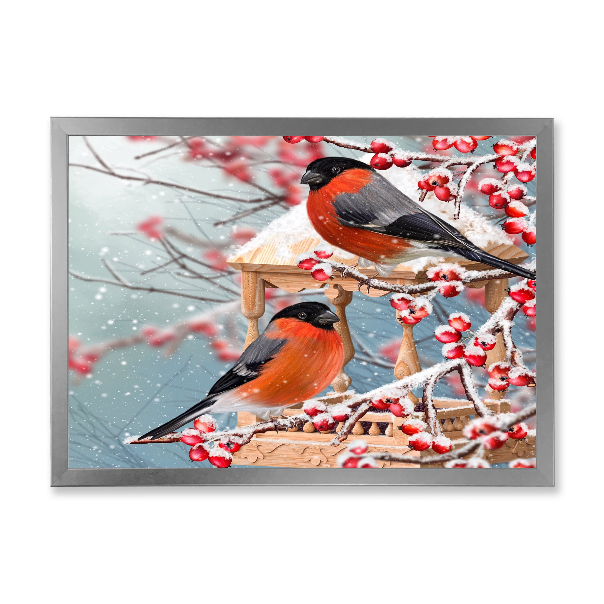 Designart 'Two Tits Sit On A Snow-Covered Berries Branch ' Traditional Framed Art Print