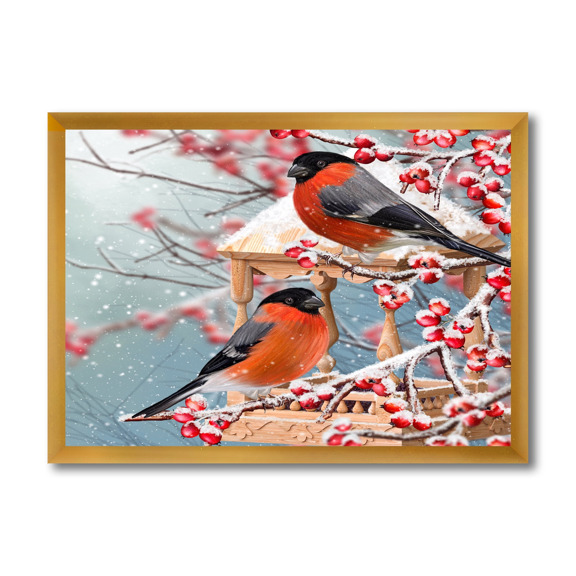 Designart 'Two Tits Sit On A Snow-Covered Berries Branch ' Traditional Framed Art Print