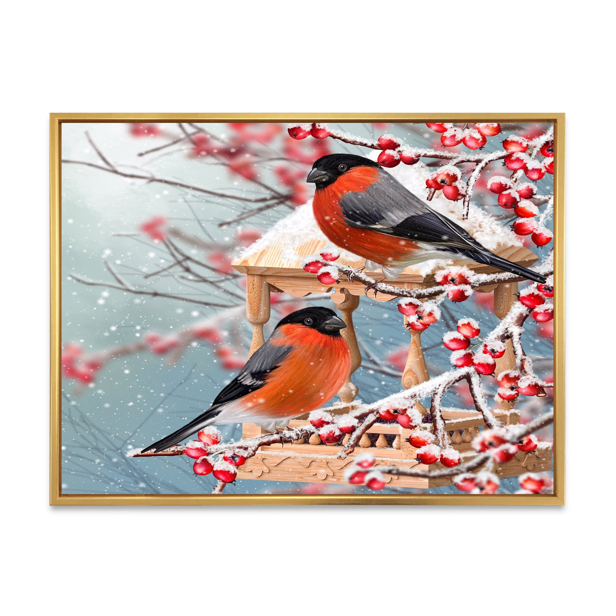 Designart 'Two Tits Sit On A Snow-Covered Berries Branch ' Traditional Framed Canvas Wall Art Print