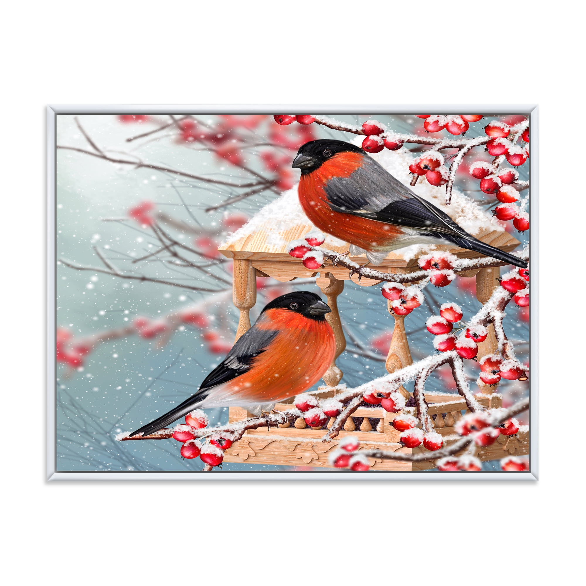 Designart 'Two Tits Sit On A Snow-Covered Berries Branch ' Traditional Framed Canvas Wall Art Print