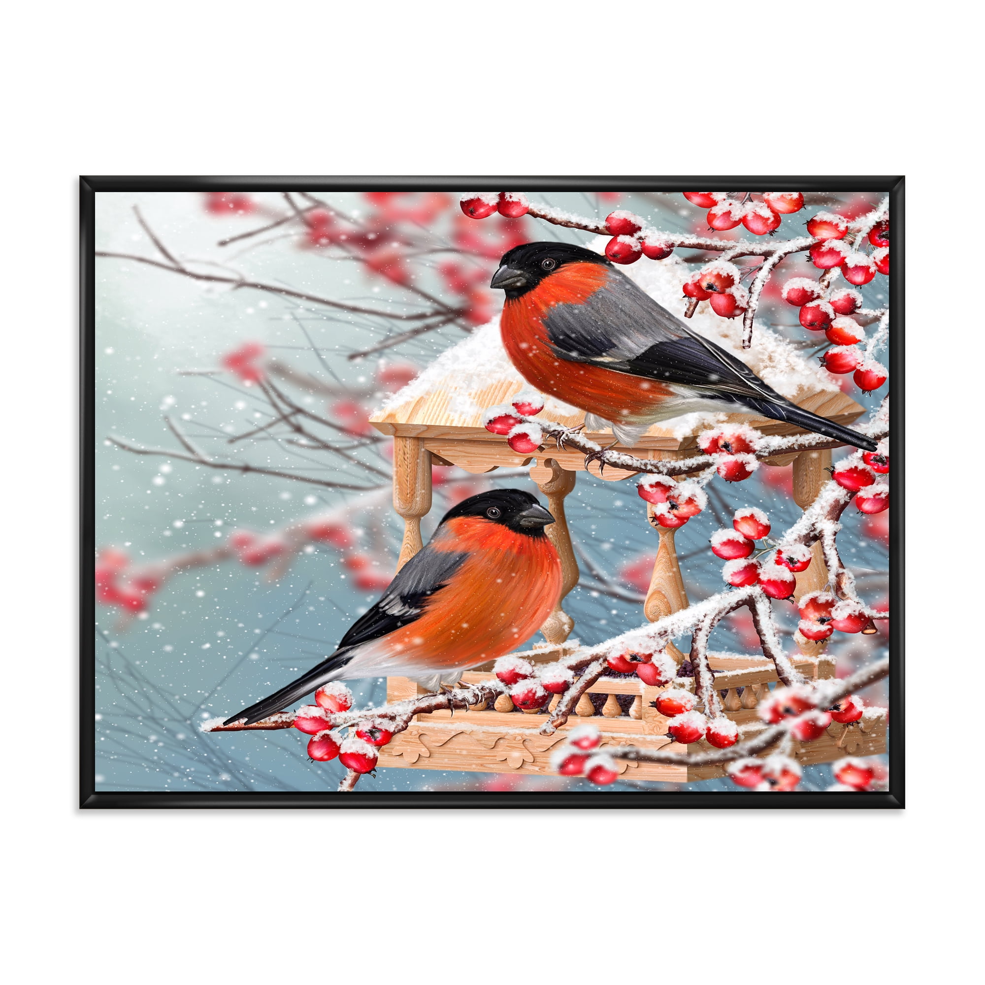 Designart 'Two Tits Sit On A Snow-Covered Berries Branch ' Traditional Framed Canvas Wall Art Print