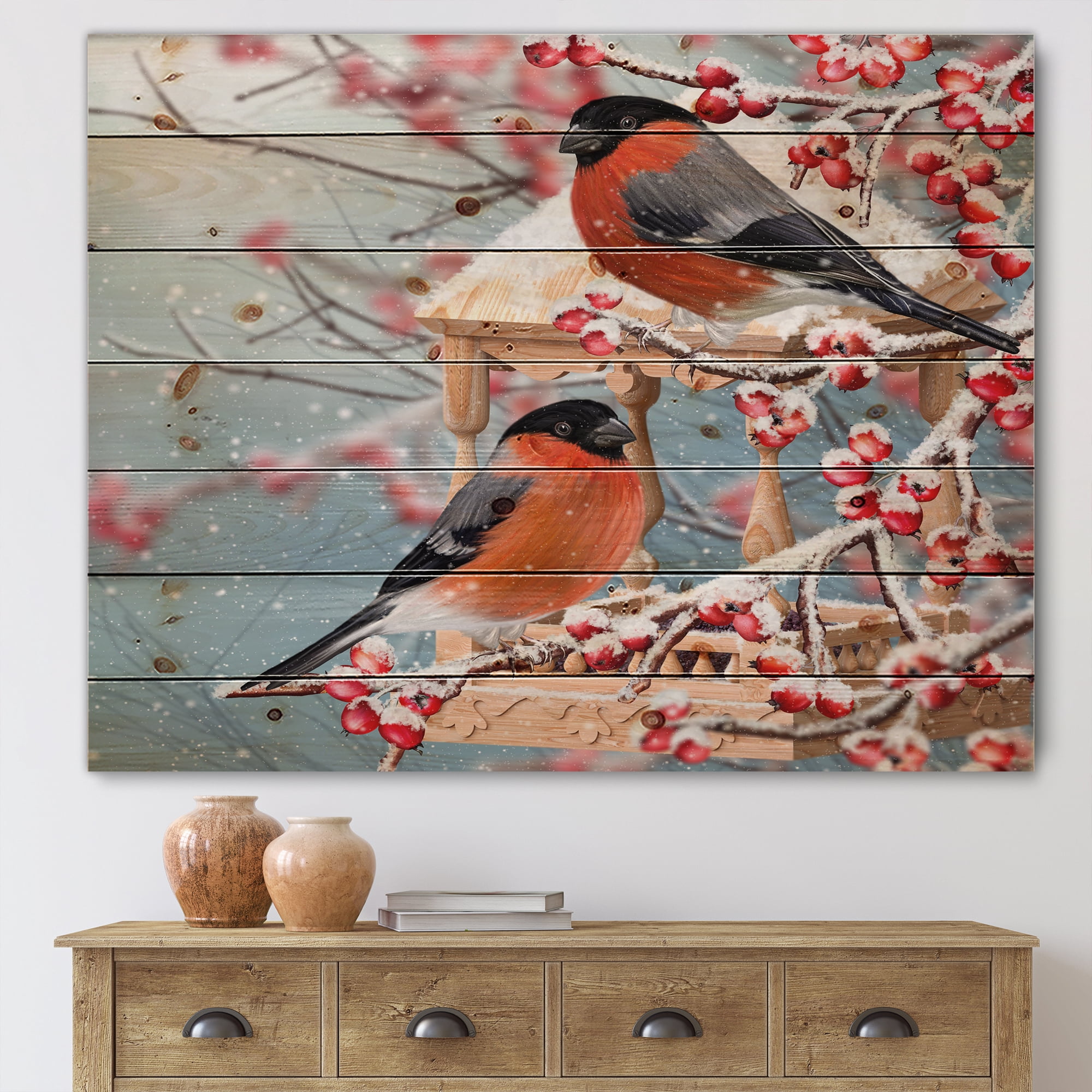 Designart 'Two Tits Sit On A Snow-Covered Berries Branch ' Traditional Print on Natural Pine Wood