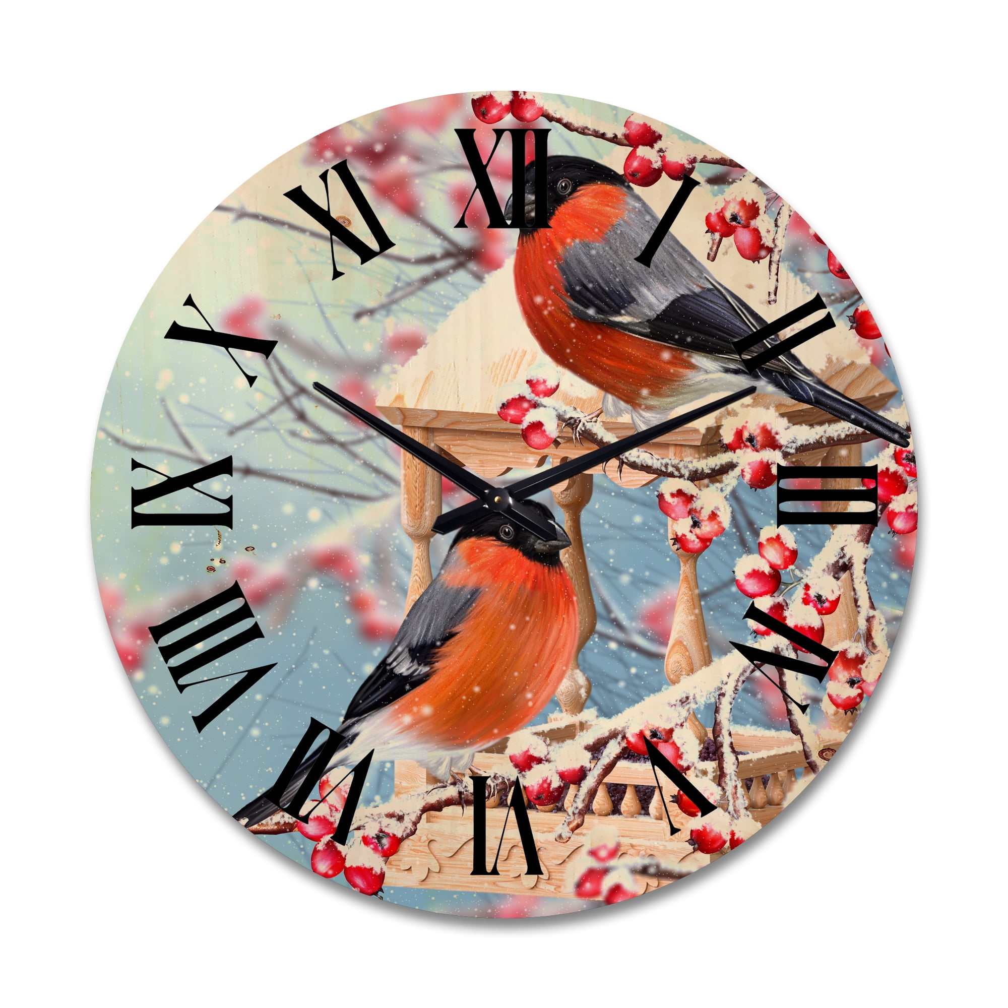 Designart 'Two Tits Sit On A Snow-Covered Berries Branch ' Traditional Wood Wall Clock