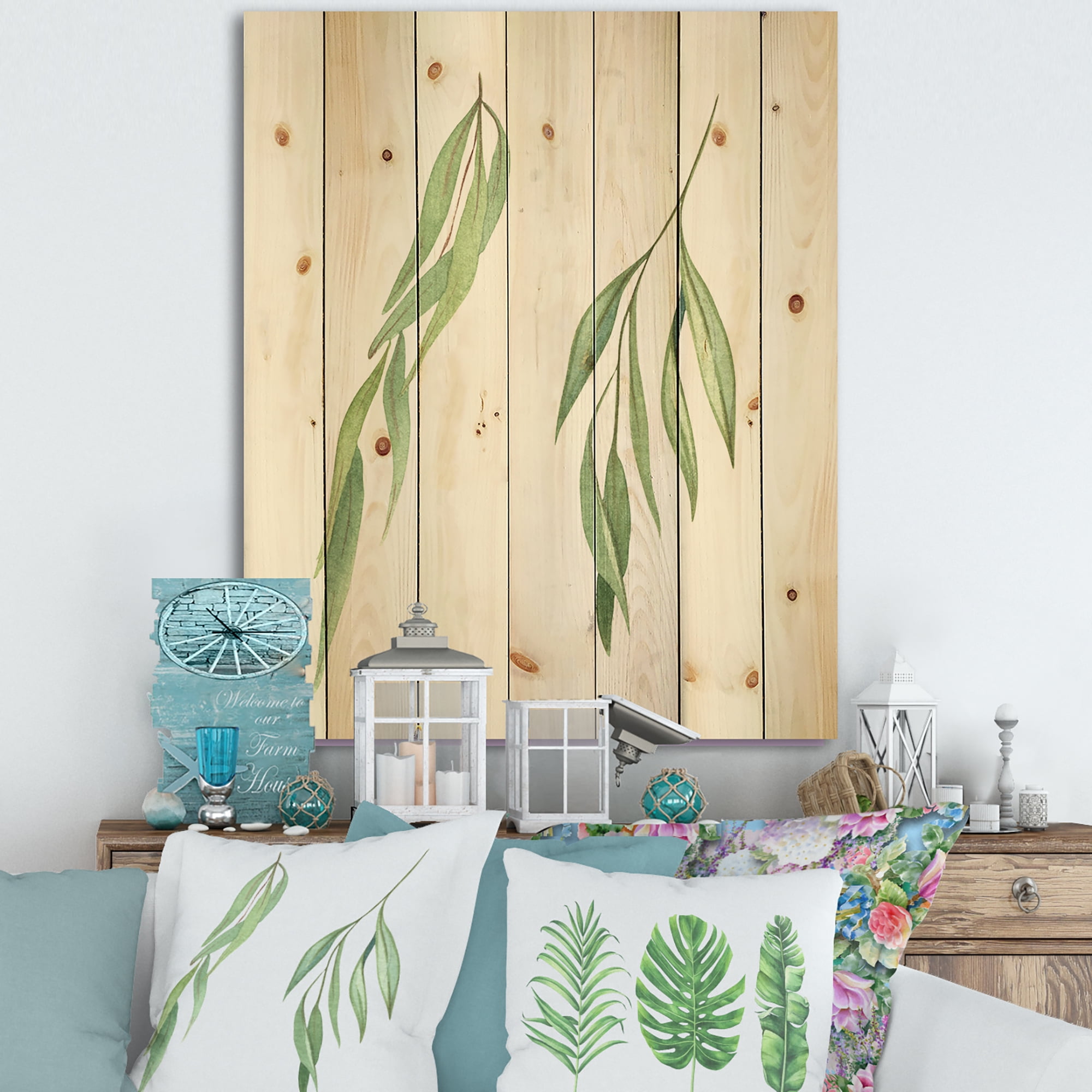 Designart 'Two Willow Branches On White' Farmhouse Print on Natural Pine Wood