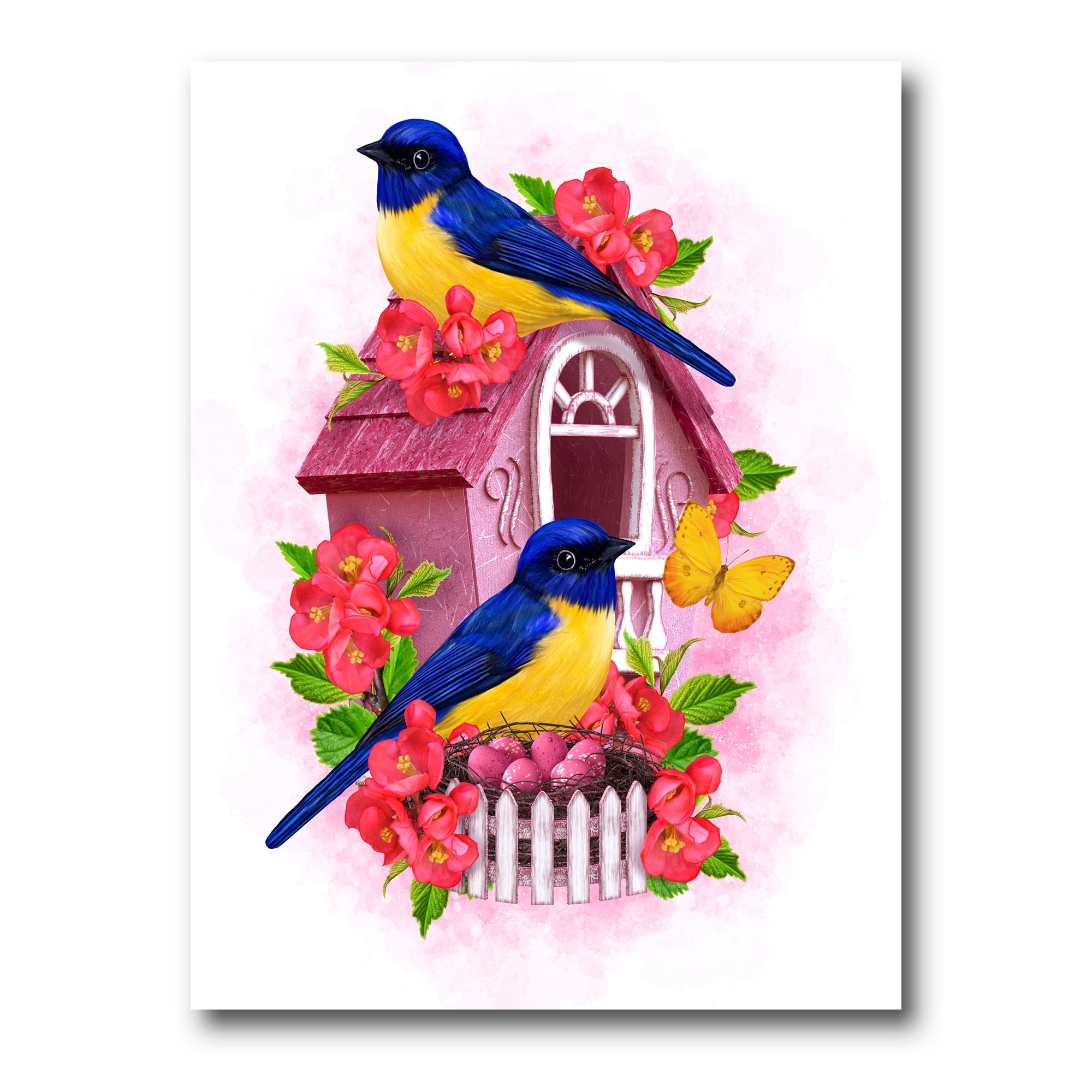 Designart ' Two Yellow and Blue Tit Birds Sitting Near The Nest ' Traditional Canvas Wall Art Print