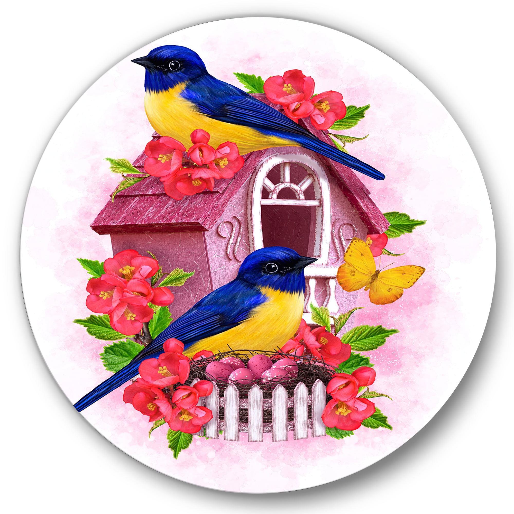 Designart 'Two Yellow and Blue Tit Birds Sitting Near The Nest' Traditional Circle Metal Wall Art 29x29 - Disc of 29