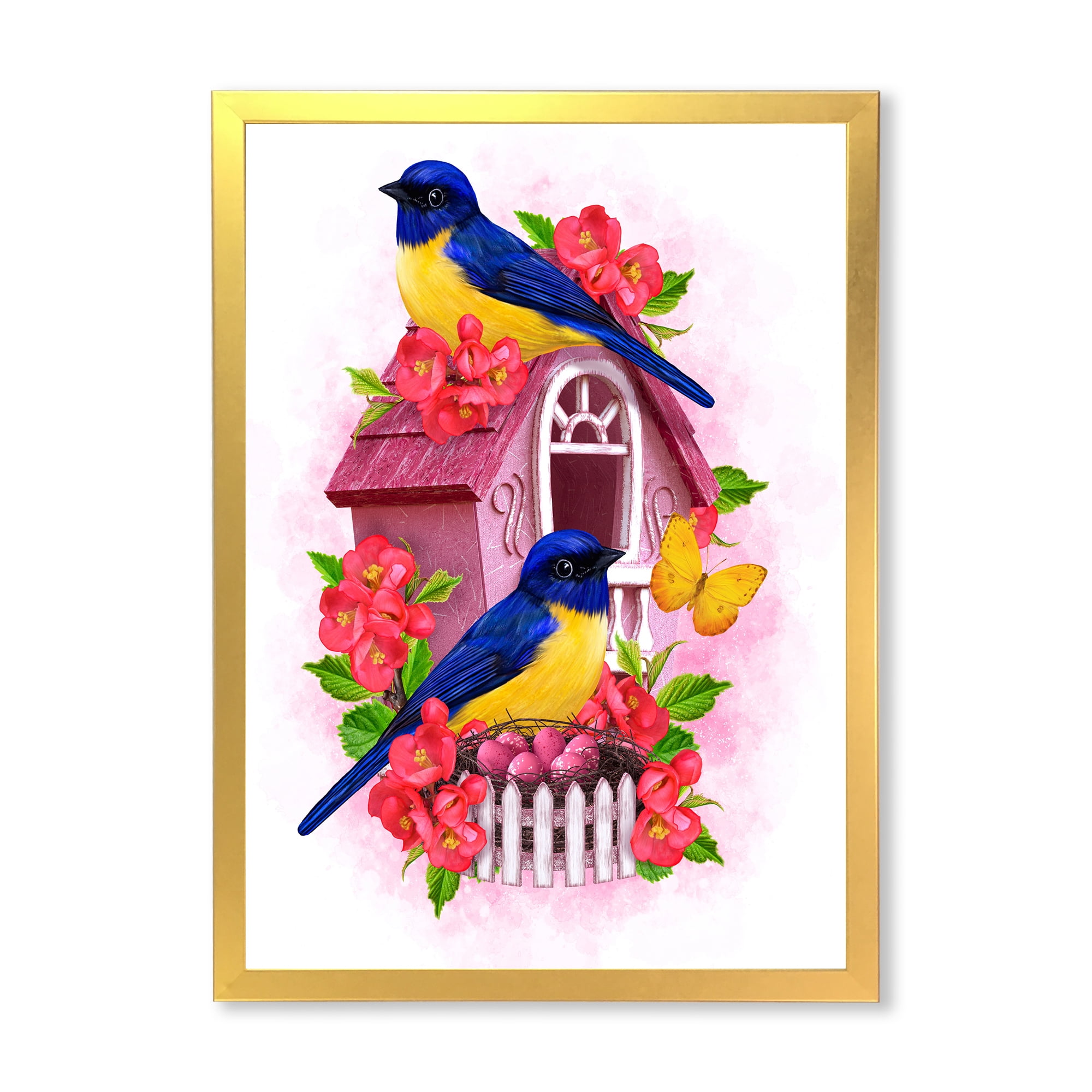 Designart 'Two Yellow and Blue Tit Birds Sitting Near The Nest' Traditional Framed Art Print
