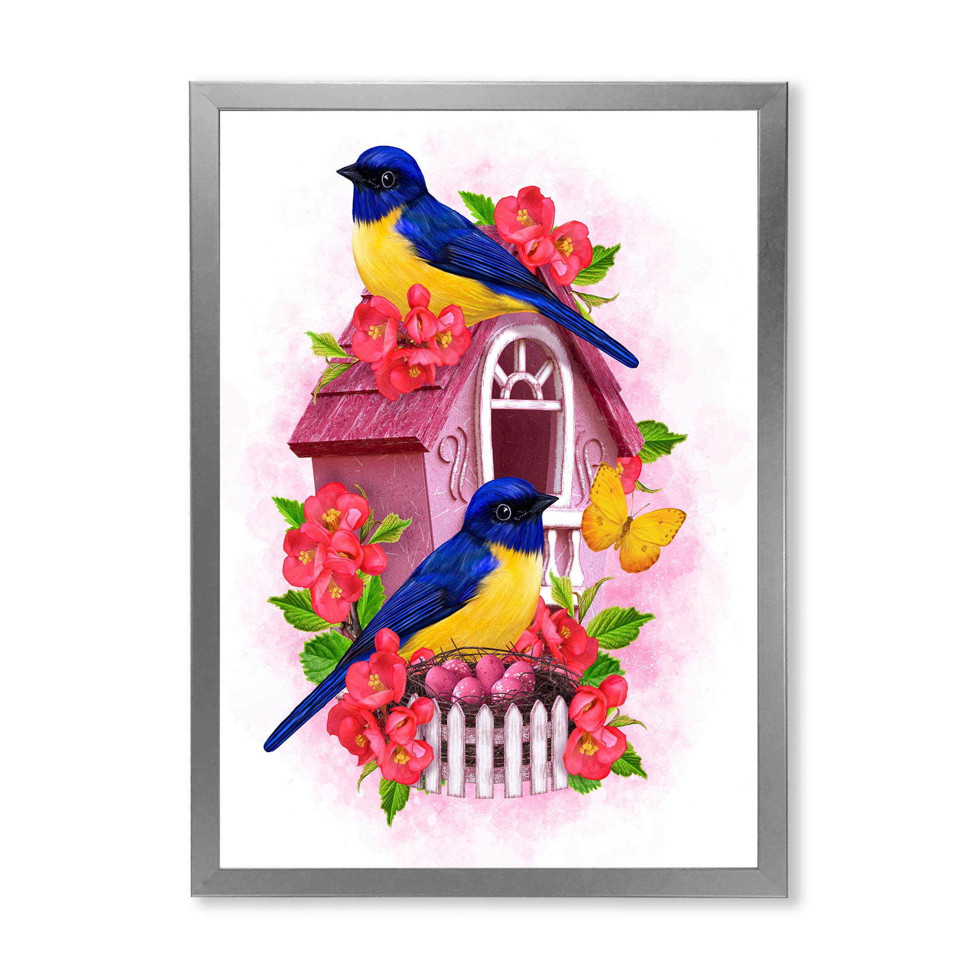 Designart 'Two Yellow and Blue Tit Birds Sitting Near The Nest' Traditional Framed Art Print