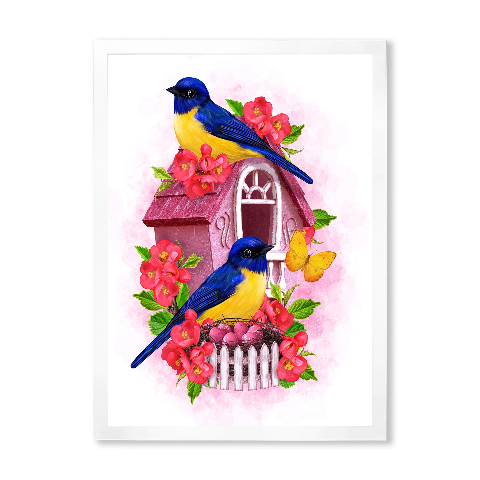 Designart 'Two Yellow and Blue Tit Birds Sitting Near The Nest' Traditional Framed Art Print