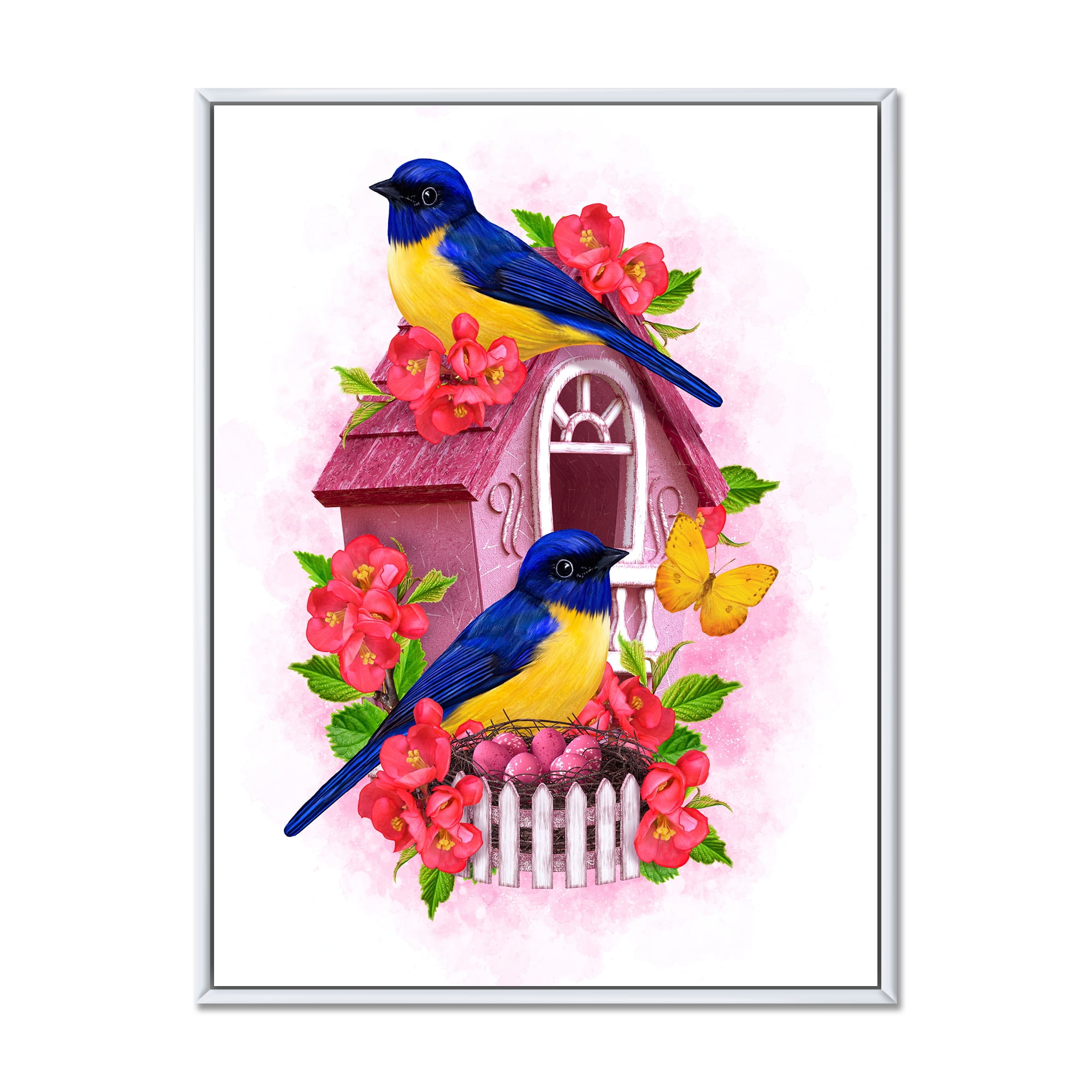 Designart 'Two Yellow and Blue Tit Birds Sitting Near The Nest' Traditional Framed Canvas Wall Art Print