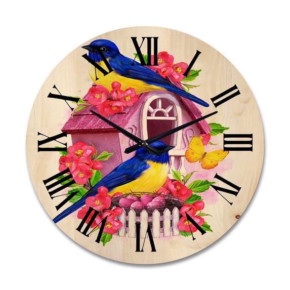 Designart 'Two Yellow and Blue Tit Birds Sitting Near The Nest' Traditional Wood Wall Clock