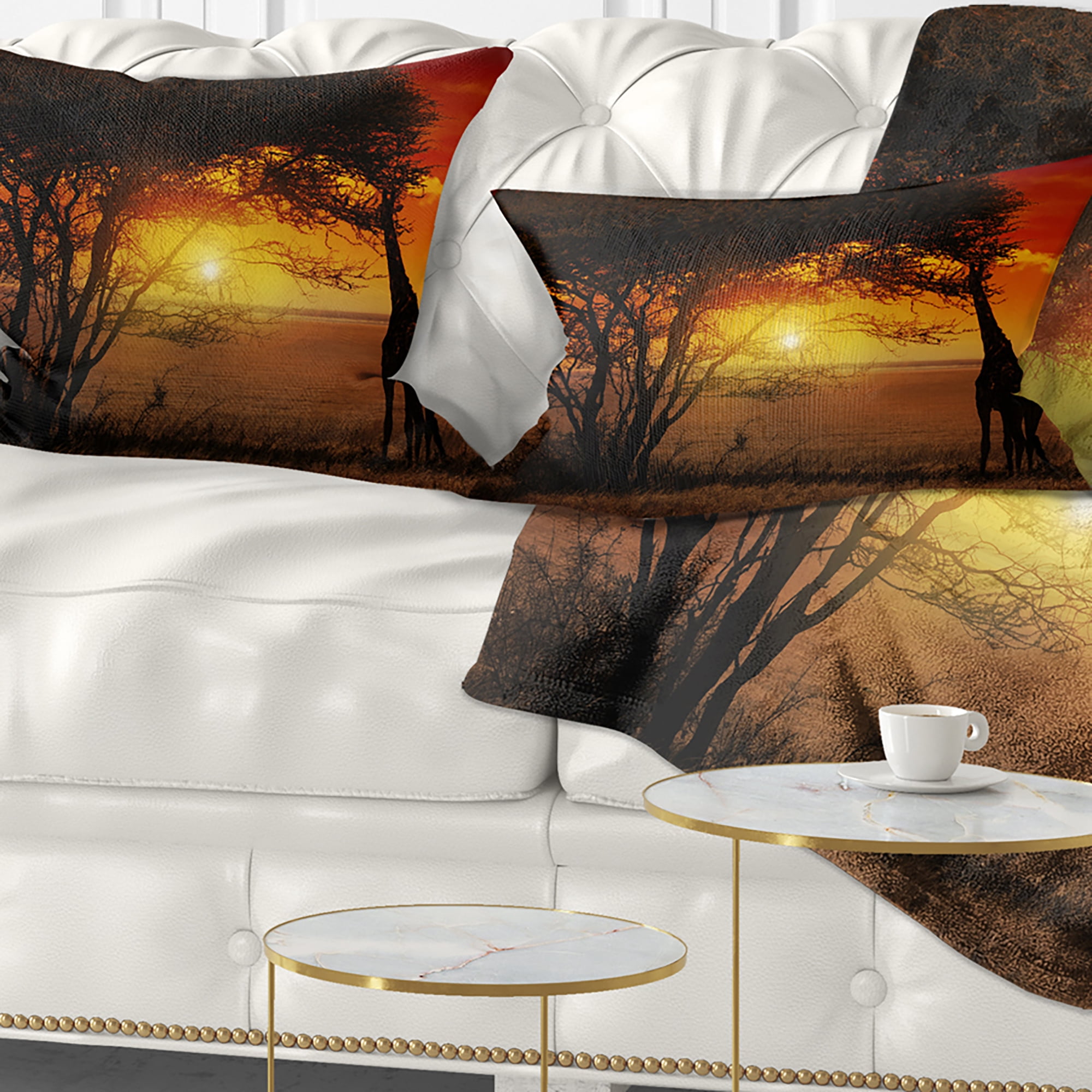 Designart Typical African Sunset with Giraffe - African Landscape Printed Throw Pillow - 12x20