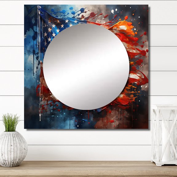 Designart "USA Flag in Modern Style I" Flags Red Large Square Mirror - Square Bedroom Mirror Printed Wall Decor - Traditional Square Printed Wall Mirror Art