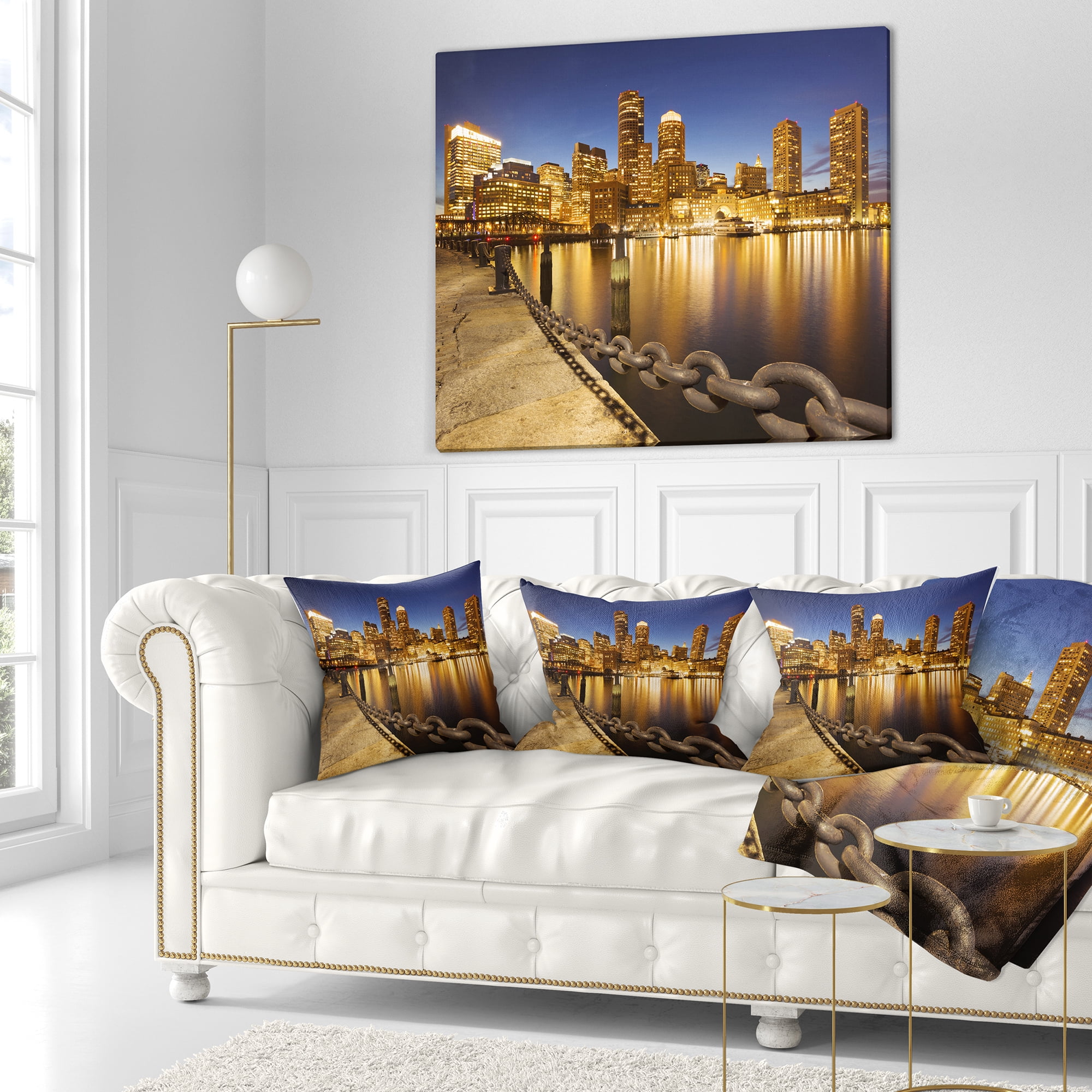 Designart USA Skyline from Fan Pier at Night - Cityscape Throw Pillow - 18x18