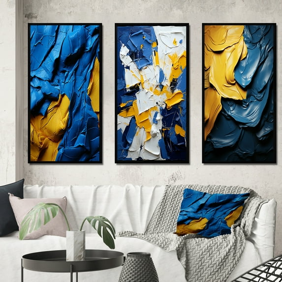 Designart "Ukrainian Dreamscapes Abstract in Blue and Yellow I" Abstract Painting Framed Wall Art Set Of 3 - Gold Modern Frame Canvas Set For Living Room Decor