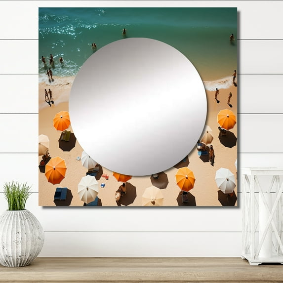 Designart "Umbrella Aerial Beach View III" Nautical & Beach Square Mirror For Wall Decor - Large Orange Square Mirror Printed Wall Decor - Coastal Square Living Room Mirror