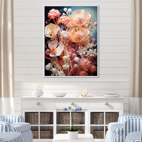 Designart "Underwater Coral Marine Elegance II" Animals Framed Wall Art - Modern Pink Coral Living Room Framed Canvas Art