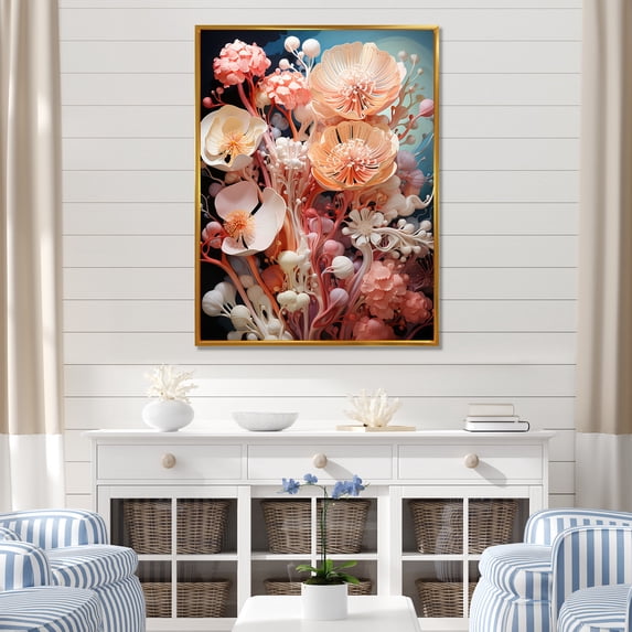 Designart "Underwater Coral Marine Elegance II" Animals Framed Wall Art - Modern Pink Coral Living Room Framed Canvas Art